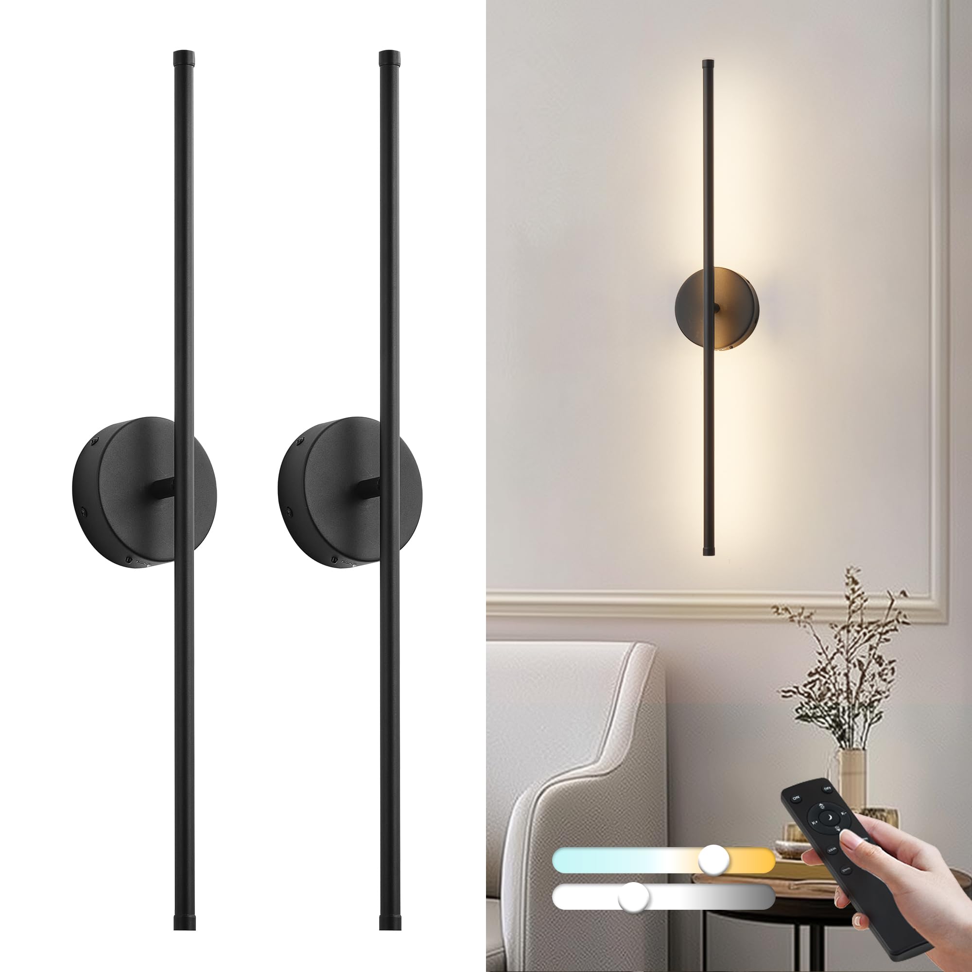 KARTOOSH Wireless Wall Sconces, 350° Rotate, Remote Control, 3 Color Temperatures, 28.3 Inch, Black, 2 Pack, Model ZM326BB