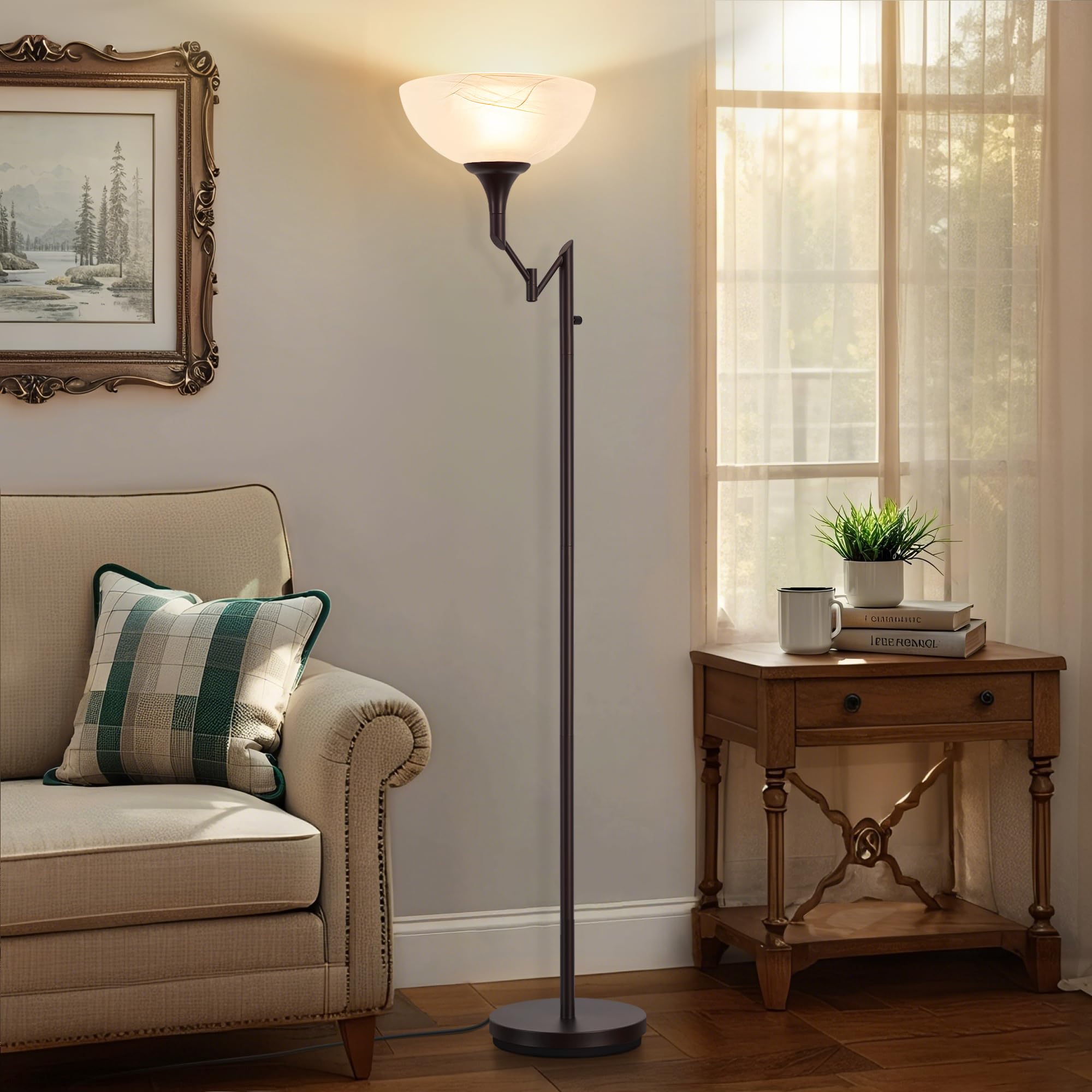 EJIAXIN Floor Lamp for Living Room - 70'' Brown Torchiere Standing Floor Lamps with Glass Shade - Tall Corner Lamp Decor for Bed