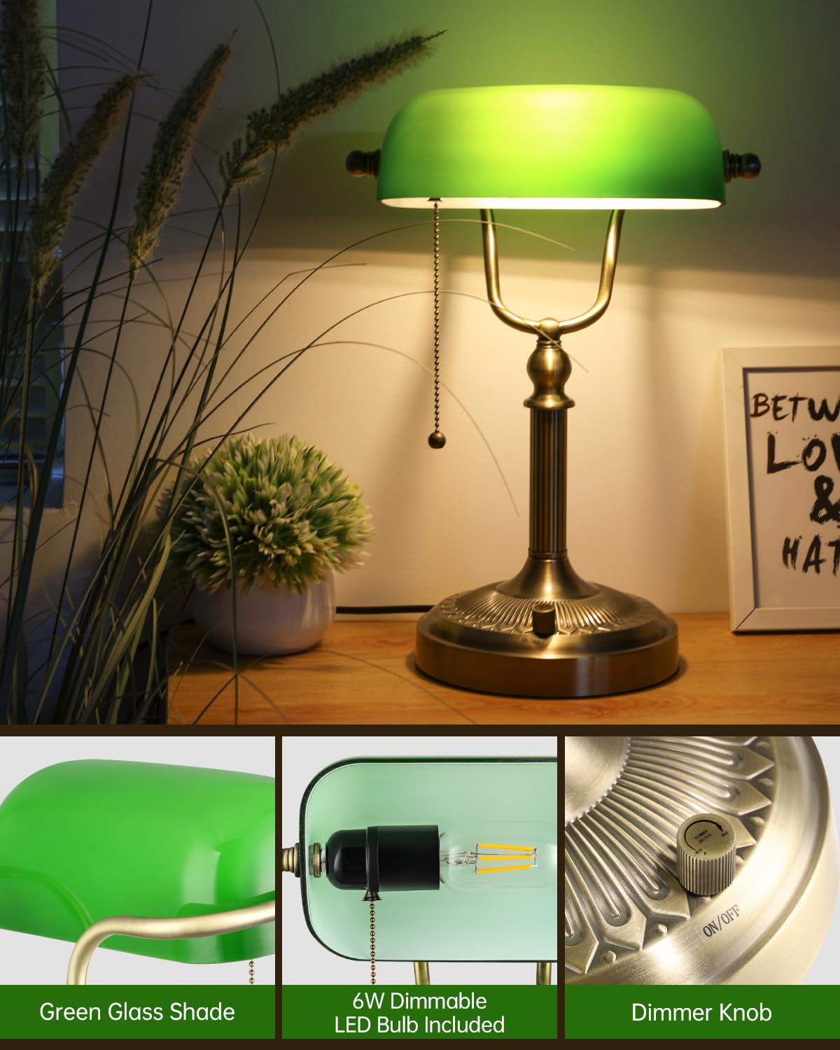 Newrays Green Glass Bankers Desk Lamp - Stepless Dimmable LED Table Lamp, Model T9008, Ideal for Study & Office