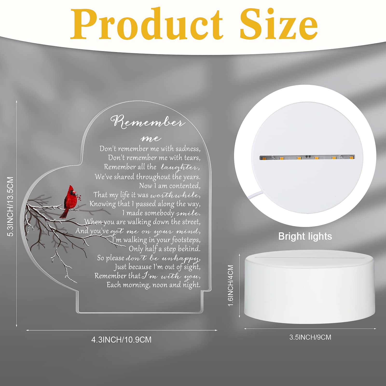 Coume Memorial Gift Night Light Clear Crystal Acrylic Heart Sympathy Gifts Sign Led Light Remembrance Bereavement Decor Condolen