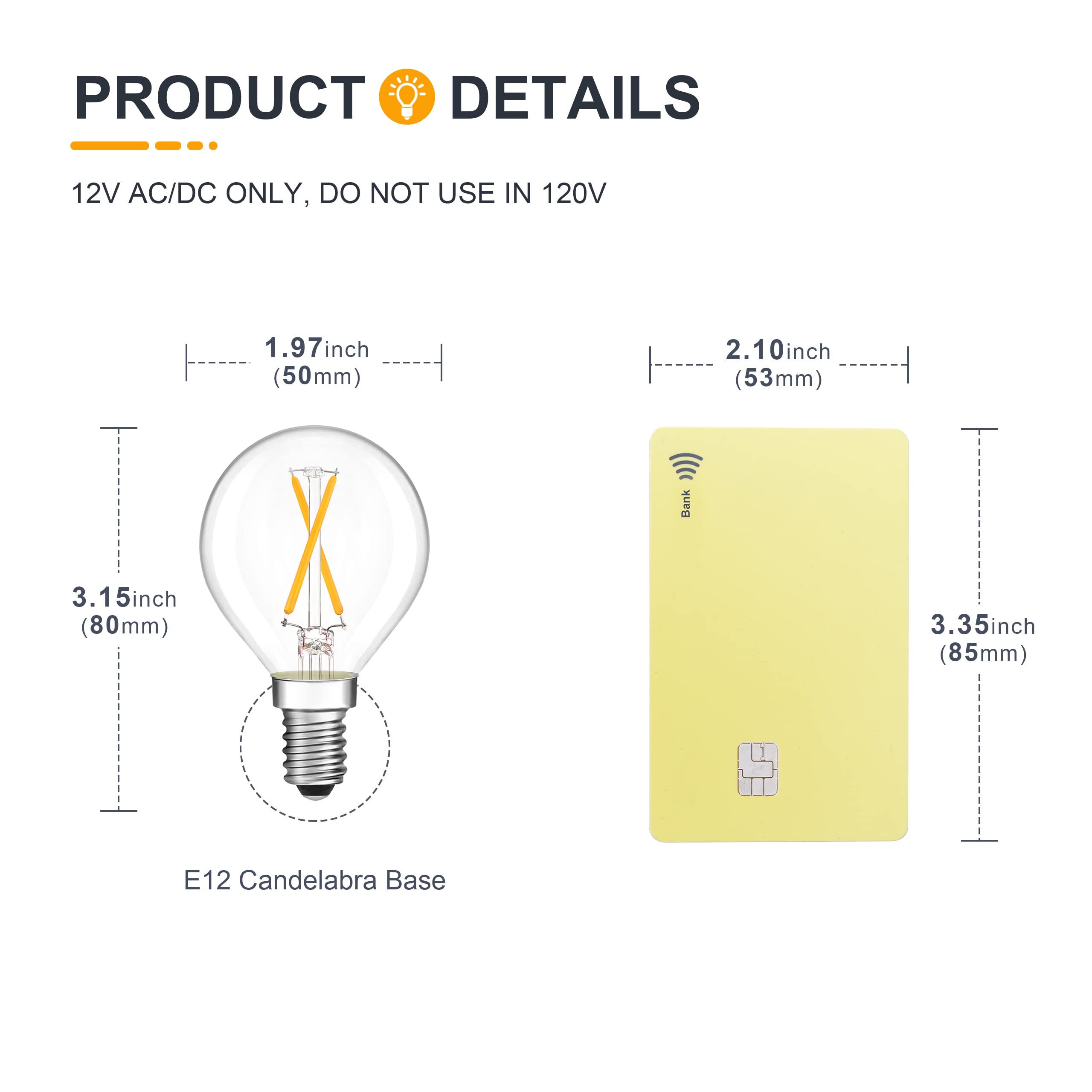 Tokcon 12V Led Light Bulbs - Soft Warm White 2700K 2W (Only For 12 Volt Dc/Ac)- 25W Equivalent Low Voltage E12 Candelabra Base S