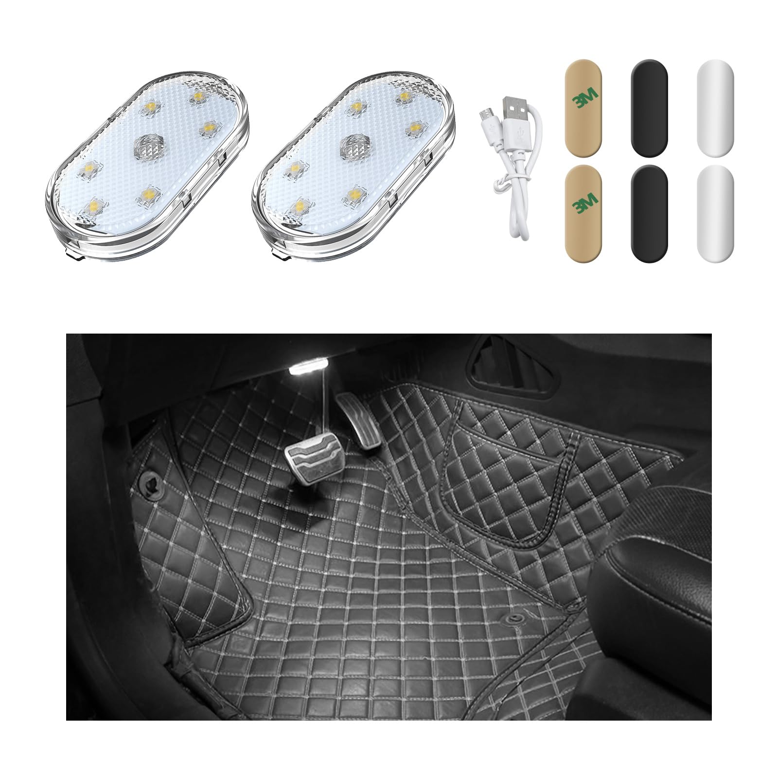 Ziciner Car Wireless LED Lights, Super Bright, USB Rechargeable, 2 PCS, White, Universal Fit for Cars, Trucks, SUVs, Vans