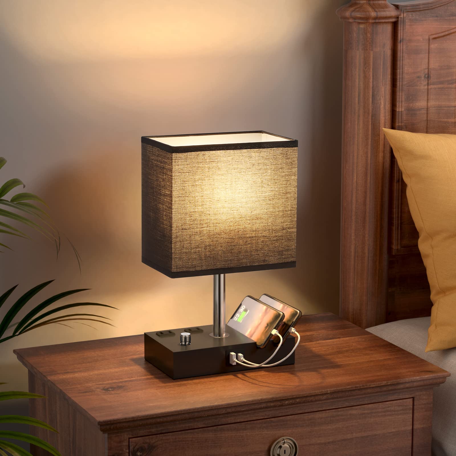 Kakanuo Table Lamp For Bedroom With Dual Usb Ports, Fully Dimmable Black Bedside Lamp With Phone Stands And 2 Charging Outlets,