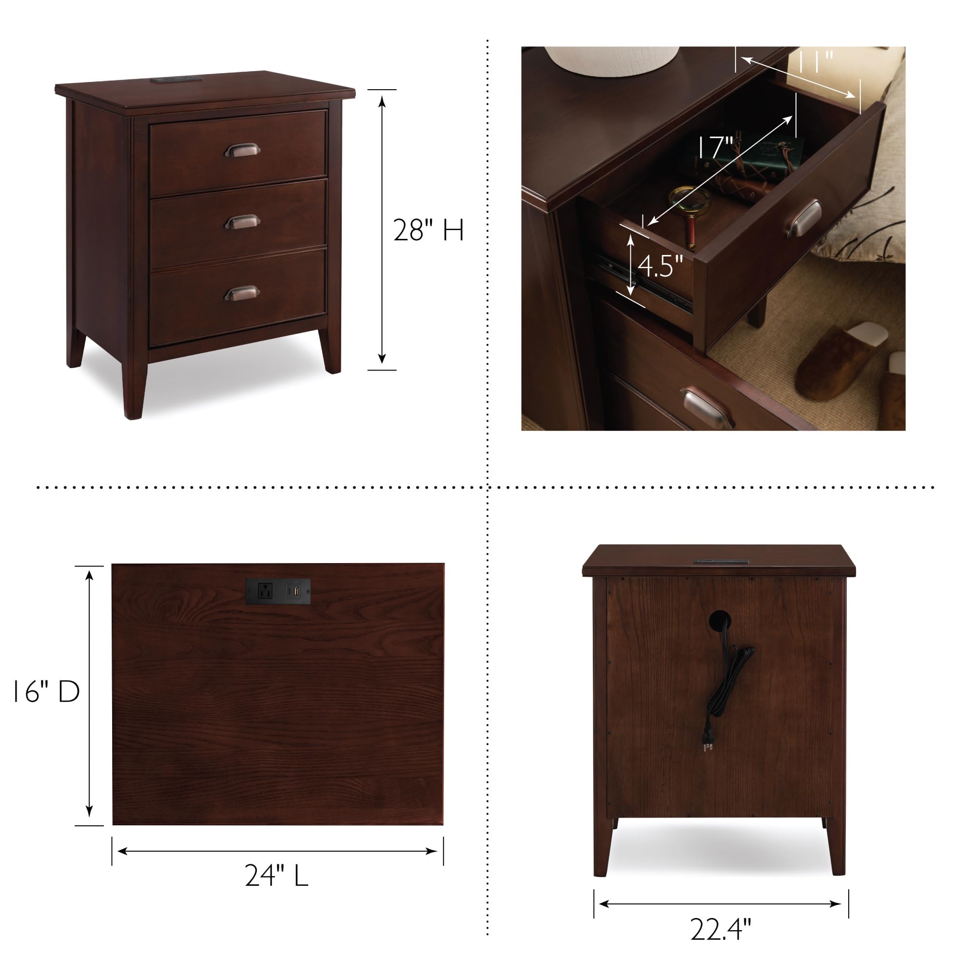 Leick Home Laurent Side Table Nightstand With Usb-C Charging Station, Solid Wood, Perfect For Bedrooms, Living Rooms, And Small