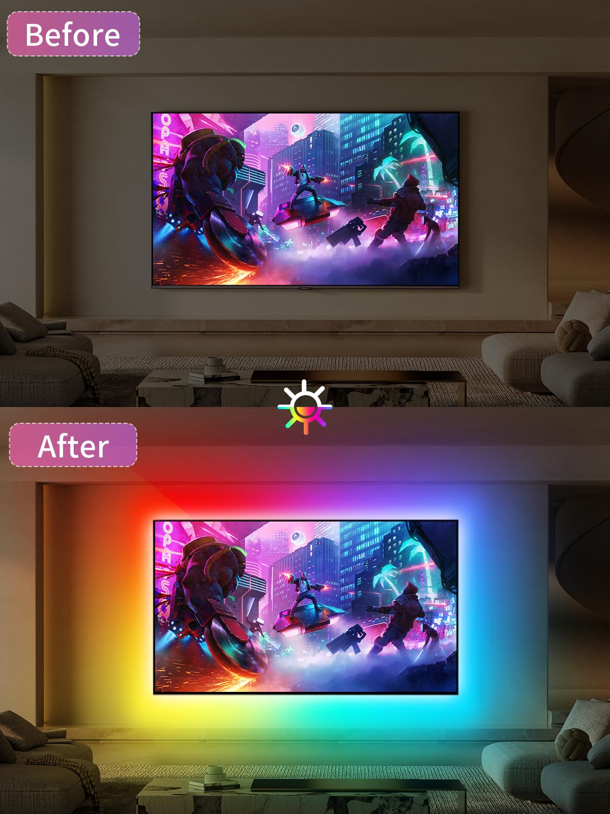 Led Lights For Tv, 13.1Ft Tv Led Backlight For 40-65 Inch, Rgb Color Changing Strip Lights Behind Tv, Music Sync Bluetooth App A