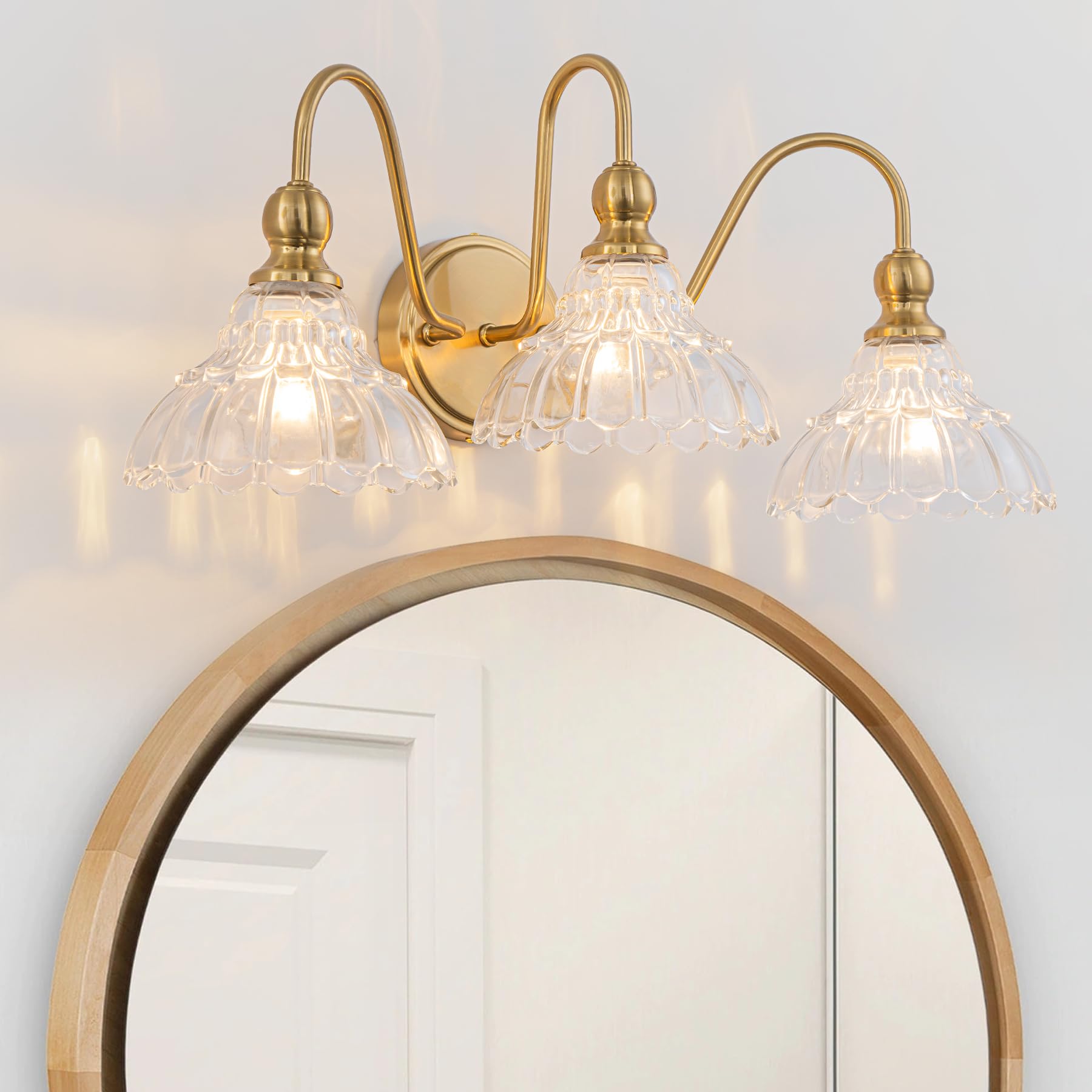 Brknit Vintage Bathroom Light Fixtures Over Mirror  3-Light Brass Wall Sconce Lighting With Flower Glass Shade  Farmhouse Vanity Lights For Bedroom Kitchen Living Room Hallway Light