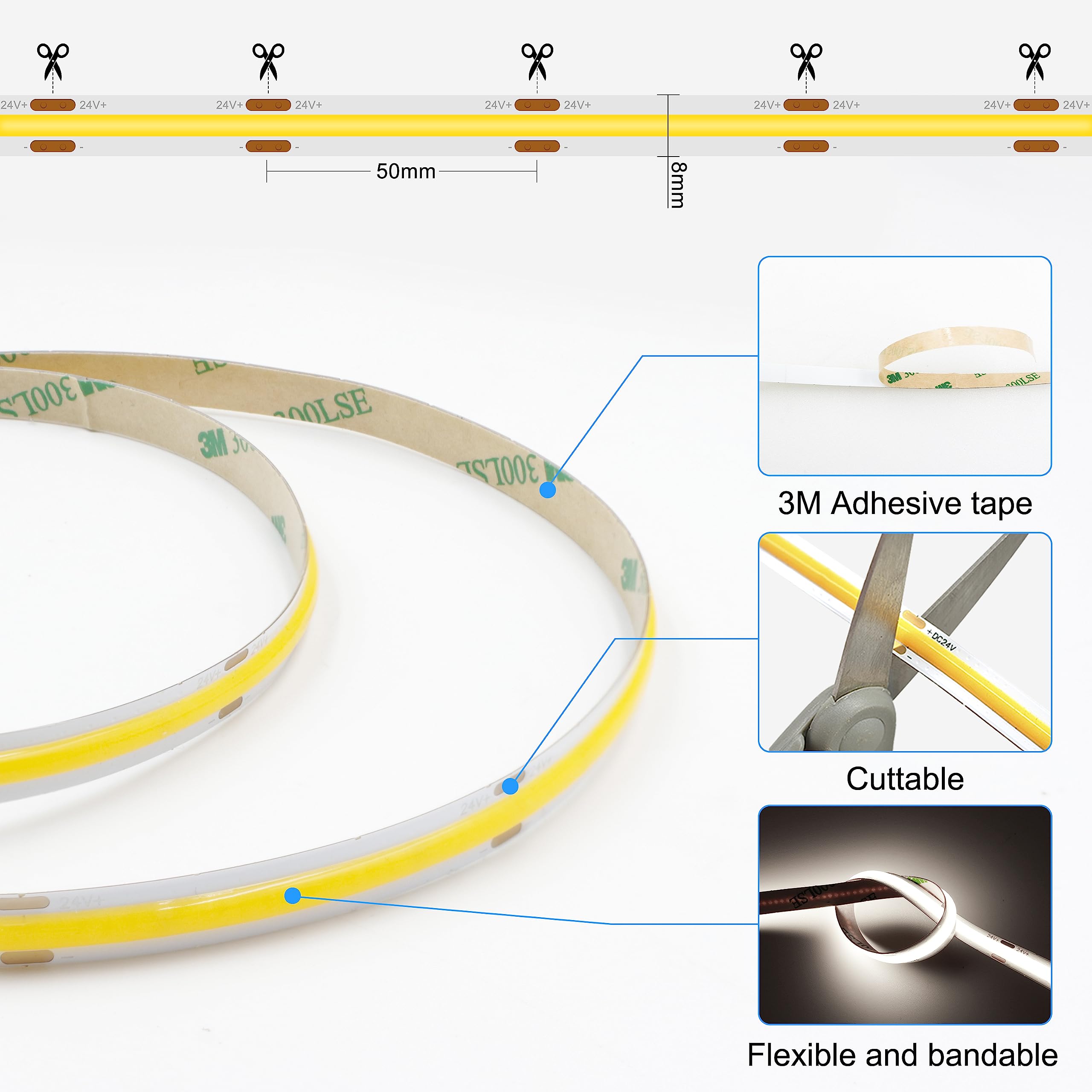 AXMOTUT COB LED Strip Light 32.8ft, 320 LEDs, 4000K Natural White, Dimmable, RF Remote, UL Power Supply, 2 Rolls of
