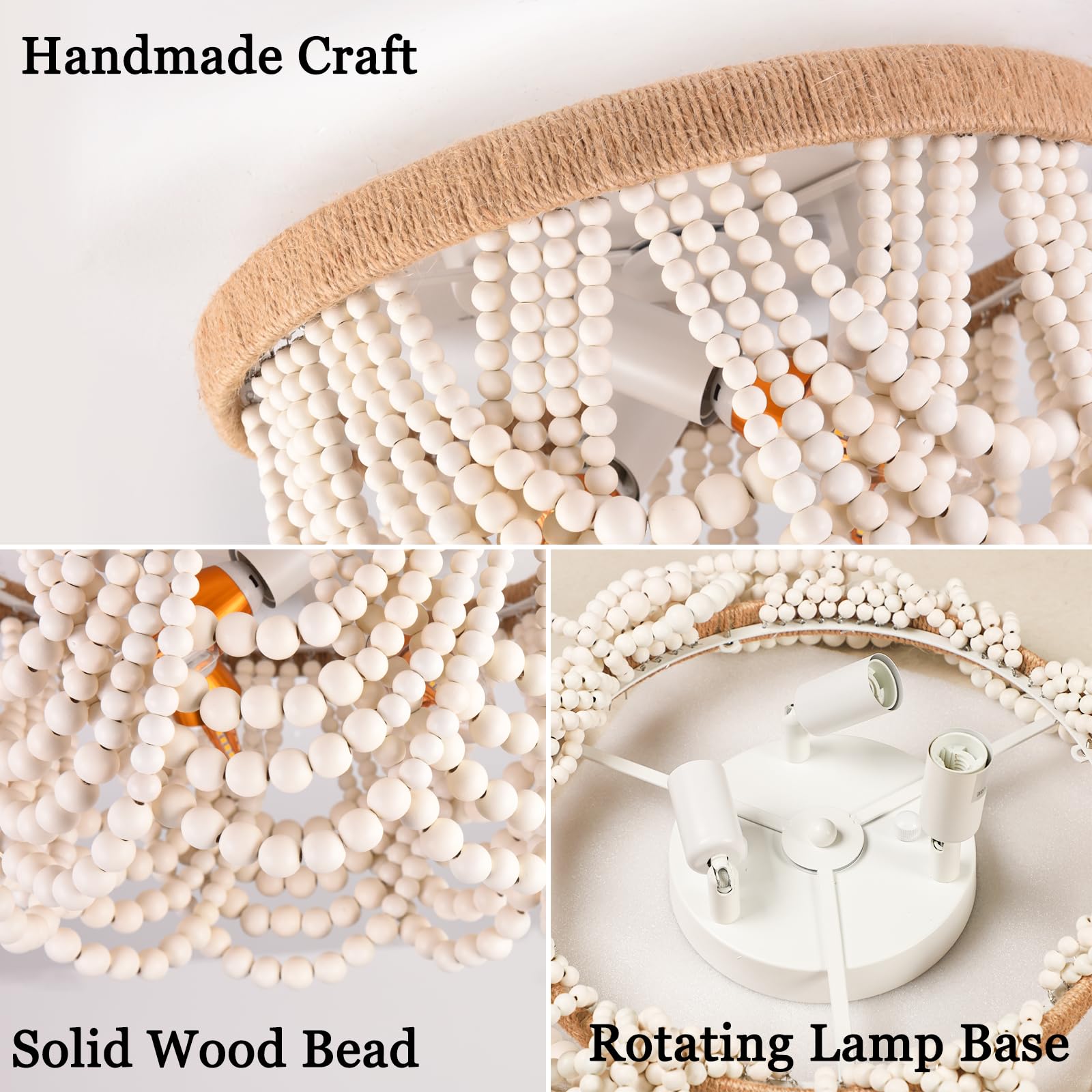 Capslpad Wood Beaded Flush Mount Ceiling Light, Antique Rustic Mini Chandelier, 3-Light, 12.8inx9.6in, Warm White, Model T14MZ02