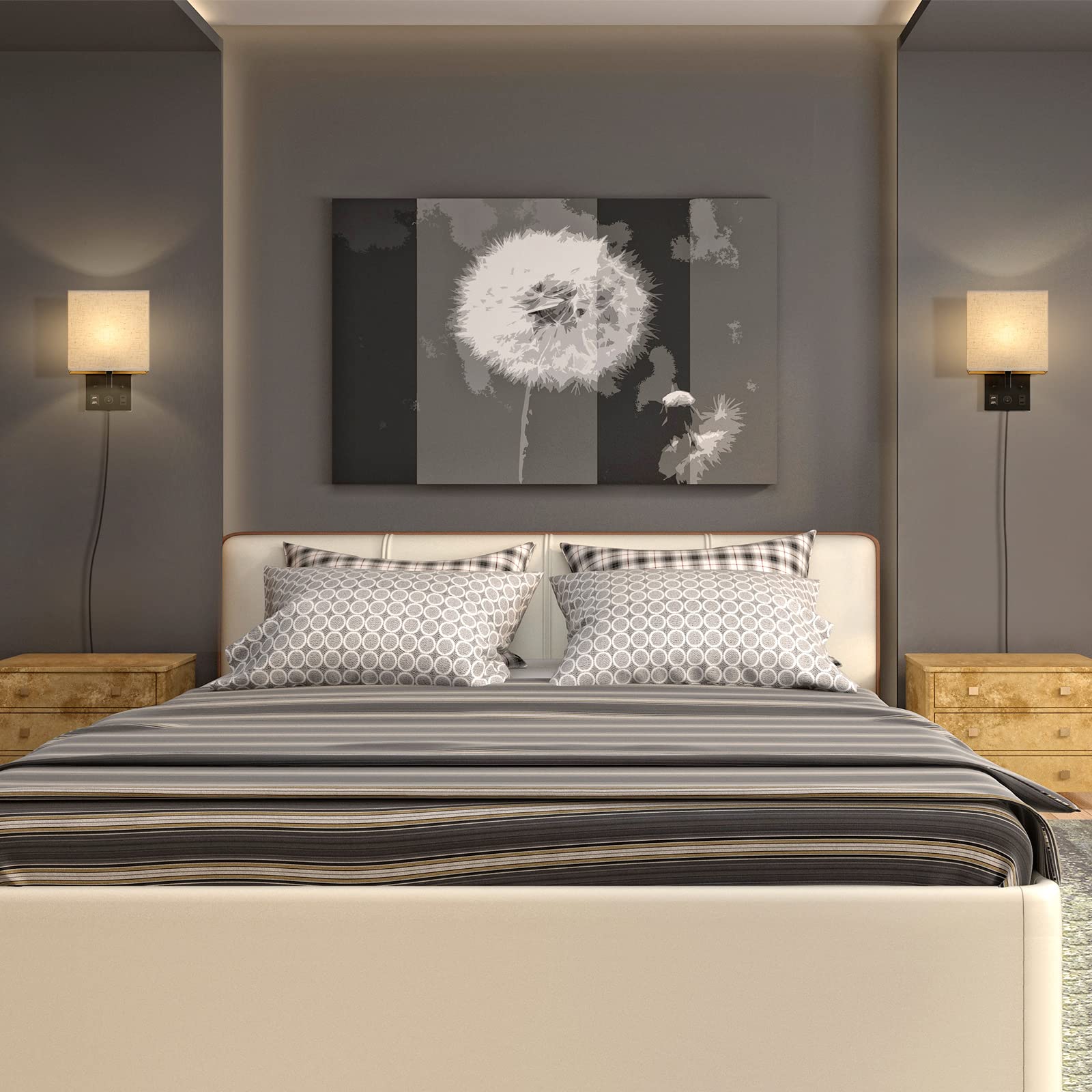 Vrisa Wall Sconces Wall Lamps for Bedrooms Set of 2 Plug in Bedside Lights Wall Mounted with USB Ports Outlet Wall Light Fixture