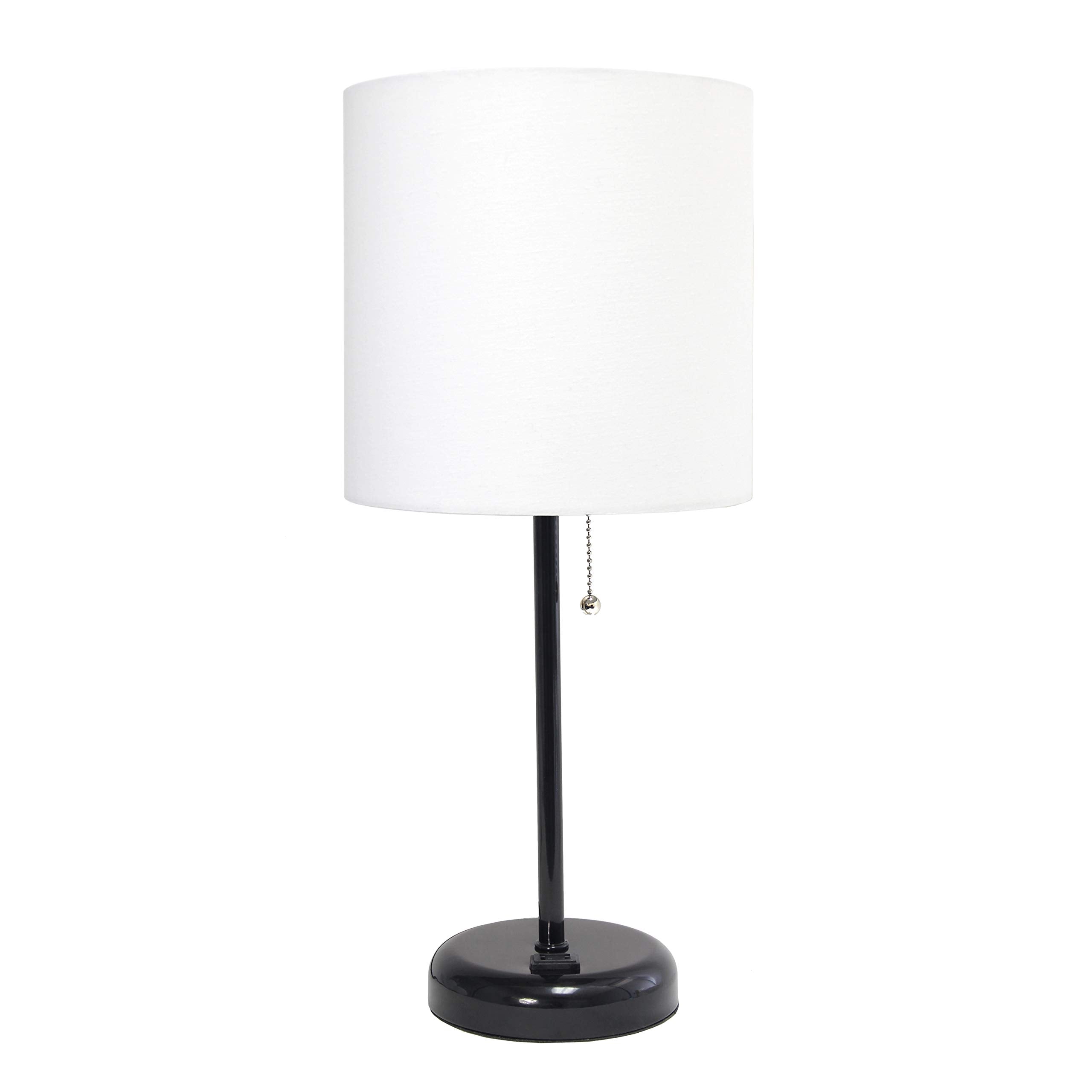 Simple Designs Lt2024-Baw Black Stick Table Desk Lamp With Charging Outlet And Drum Fabric Shade, White