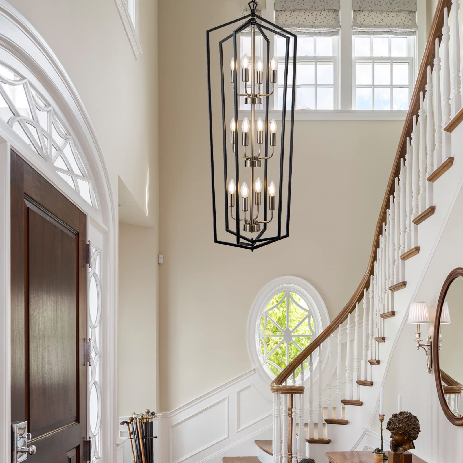Lanhall 12-Light Industrial Pendant Chandelier, Metal, Brushed Nickel & Black, Model 500-100-1052, High Ceiling Foyer Entryway Lighting