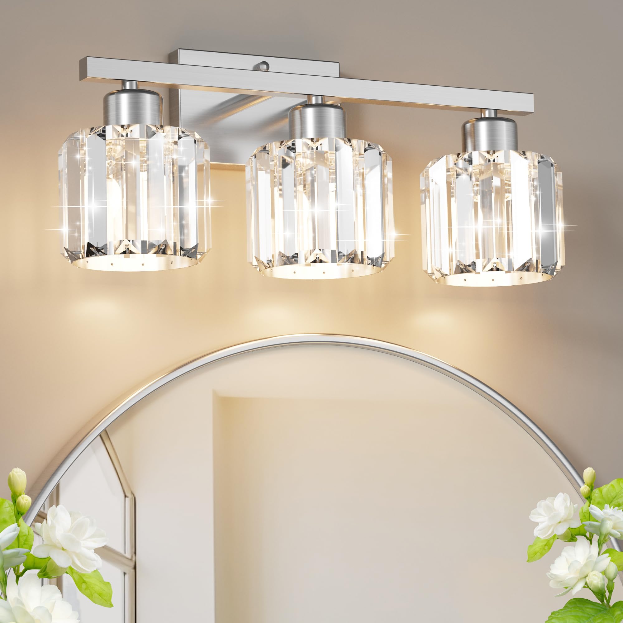 Golspark 3 Light Crystal Bathroom Vanity Light Fixtures Over Mirror  Brushed Nickel Modern Vanity Lighting Fixtures  Wall Sconce Bath Wall Light E26 Base Round Crystal Shades (Exclude Bulb)