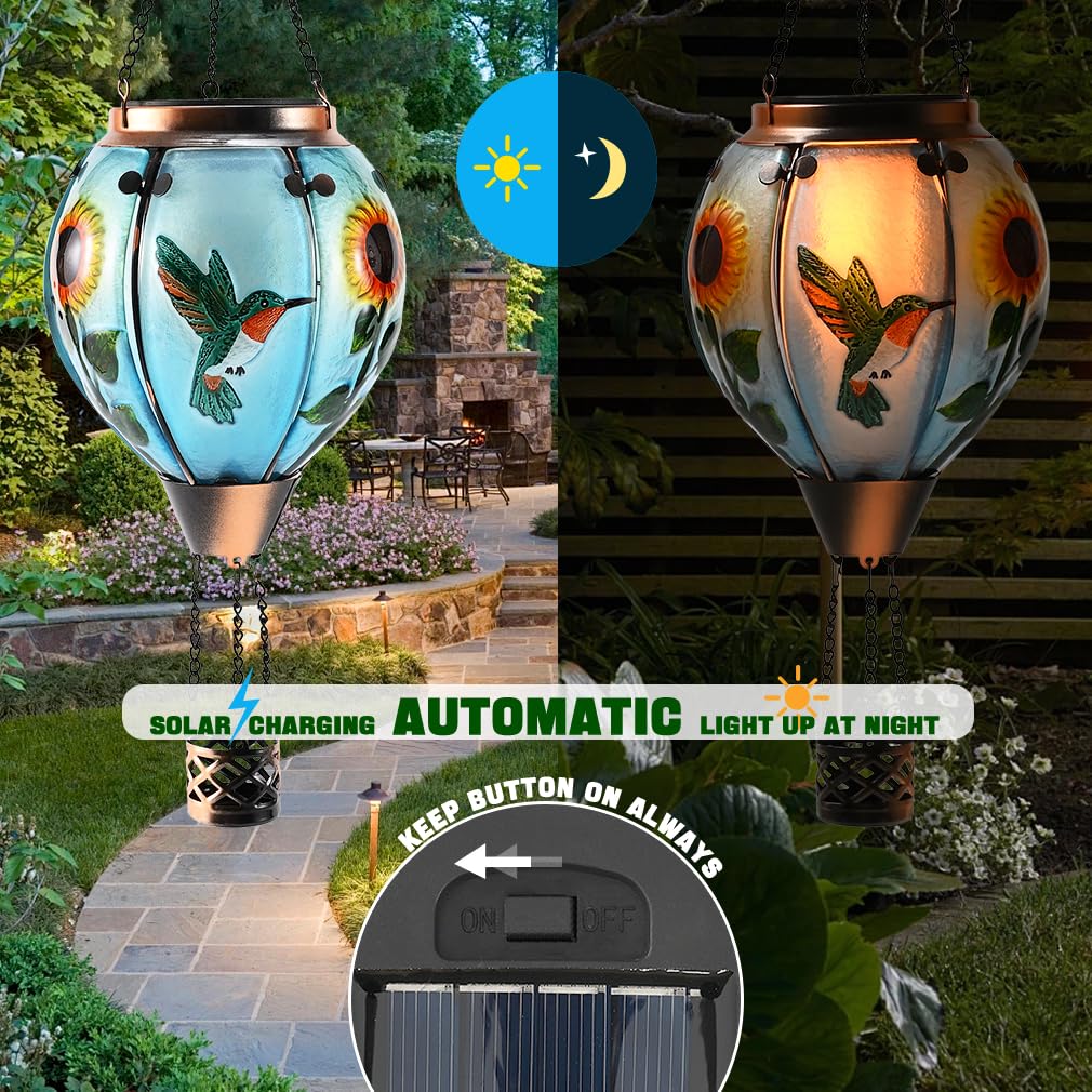 Hot Air Balloon Solar Lantern - Large Hummingbird Glass Lantern  Simulated Flickering & Dancing Flame  Outdoor Hanging Sunflower Yard Light Waterproof Ip65 For Patio Lawn Porch Decor Gift