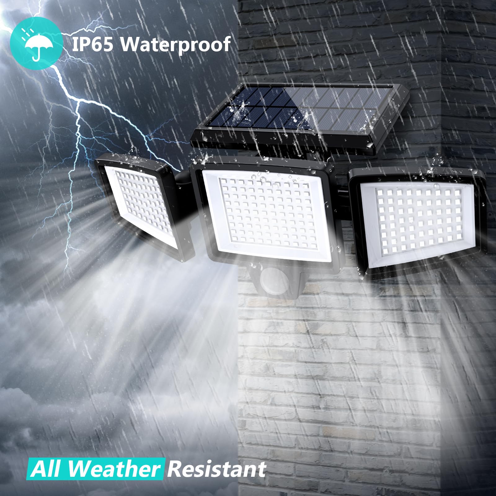 Tuffenough Solar Outdoor Lights 2500LM, 210 LED Motion Sensor Flood Lights, IP65 Waterproof, 3 Heads, Black, 1 Pack