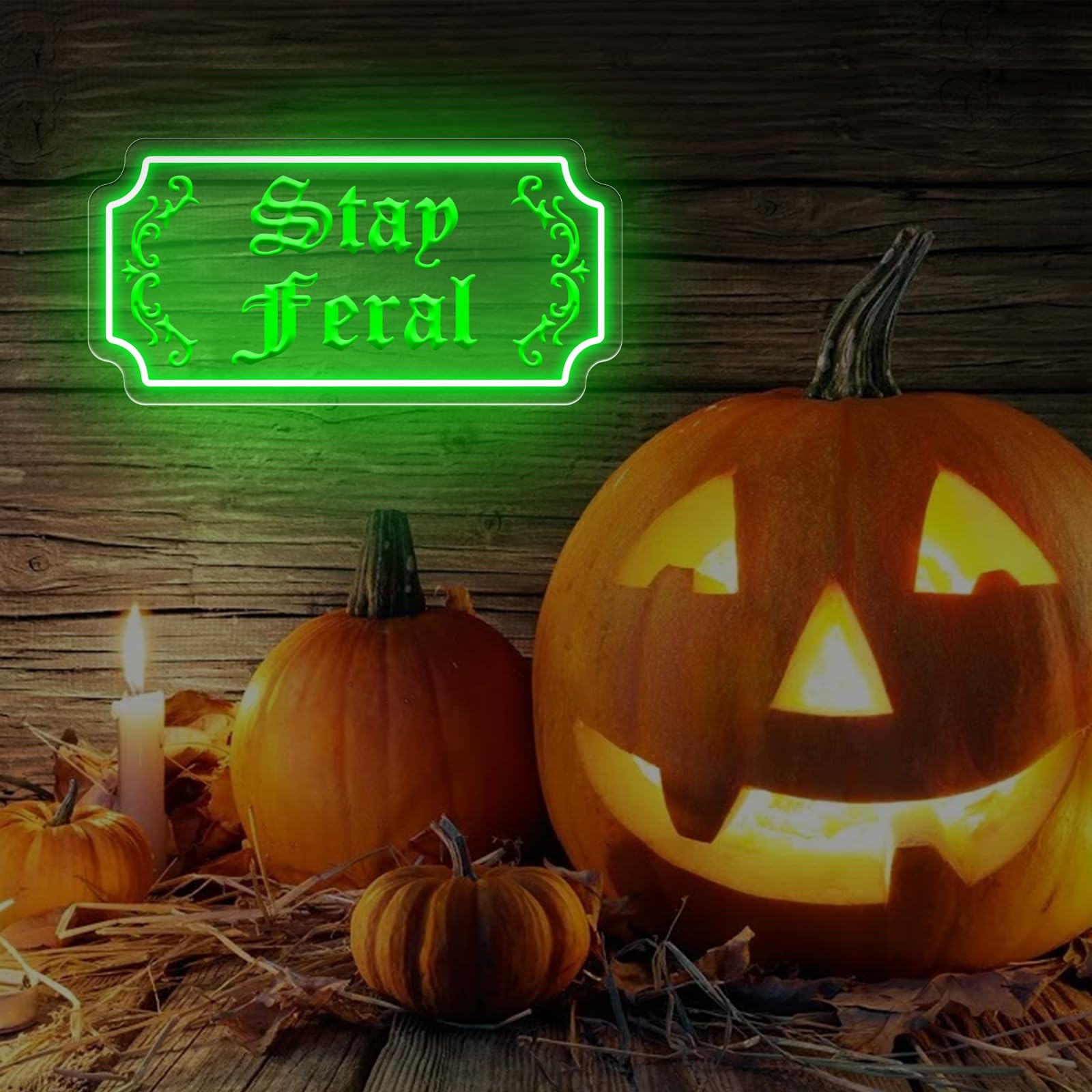 Stay Feral Neon Sign Gothic Decor Led Light Goth Lover Gift Halloween Decoration Bat Neon Sign Decor Ghost Spooky Wall Art  15.7X7.9  Green