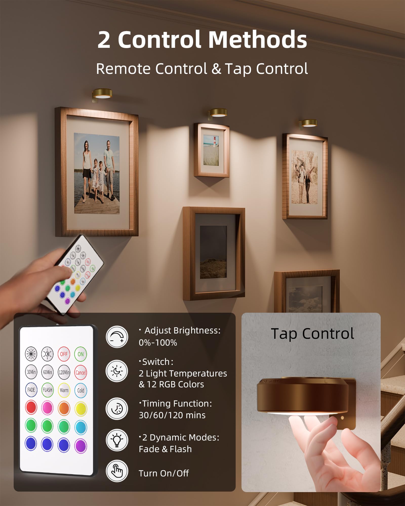 EZVALO Picture Lights, 2000mAh Rechargeable, 3 Color Temps & 12 RGB, Remote Dimmable, 3 Pack, Gold, Model TL-01
