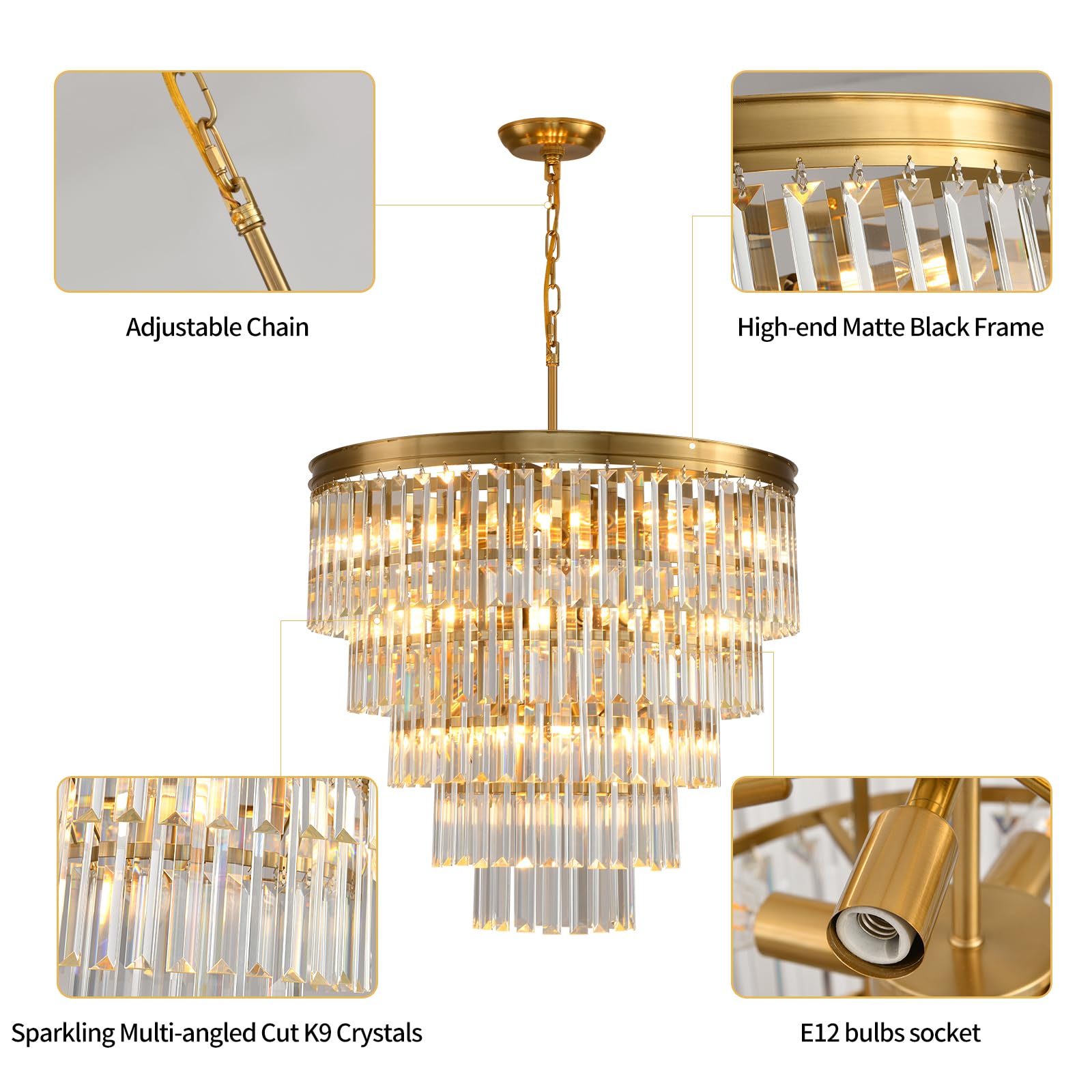 Blinghy Modern Crystal Chandelier, Gold Crystal Ceiling Fixture For Living Room, Bedroom, Long Hallway Entrance