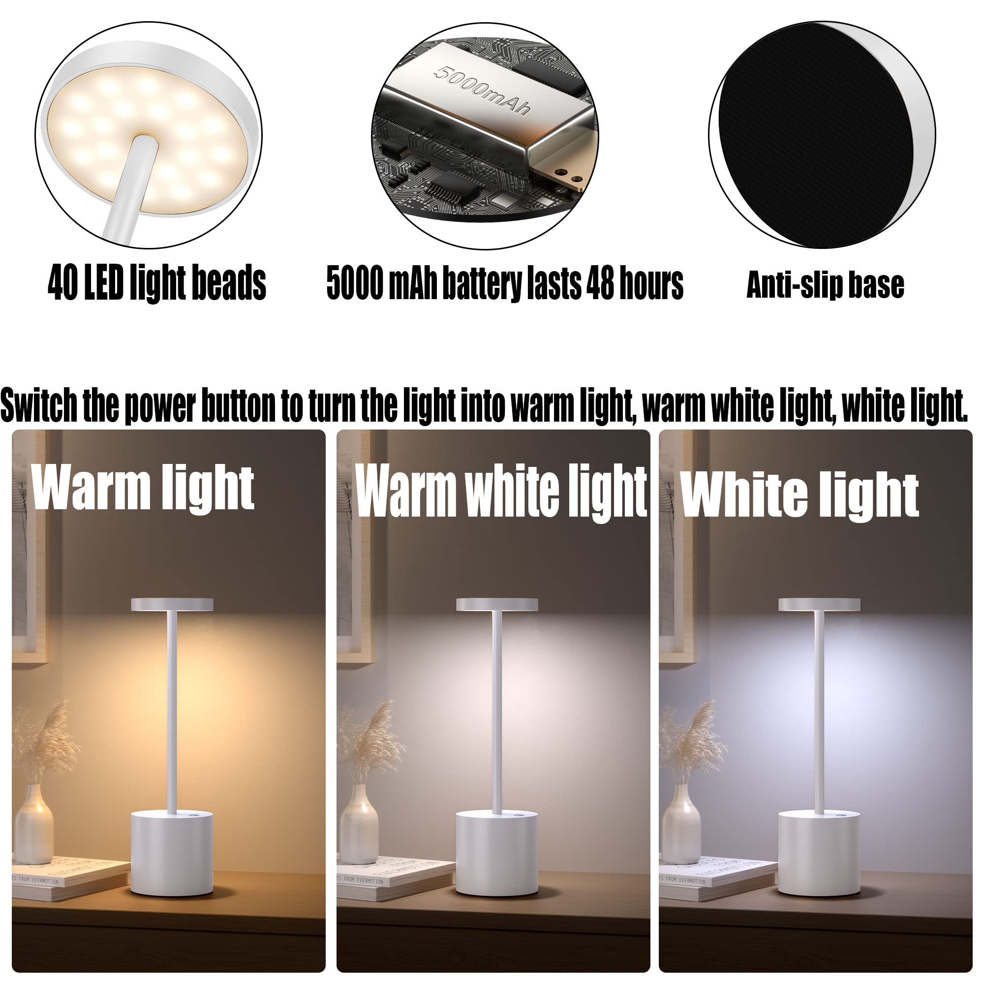 Yiben 2Pack Cordless Led Table Lamp, 5000Mah Rechargeable, 3 Brightness Levels, White