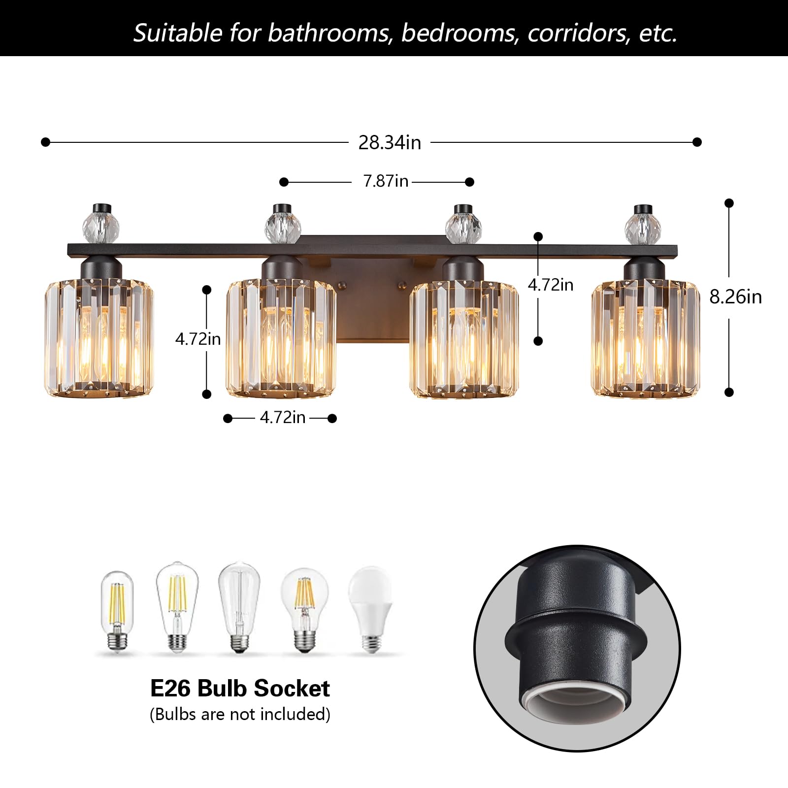 FDPBY Bathroom Vanity Lights 4-Light Metal Crystal Sand Black Fixture Model 291