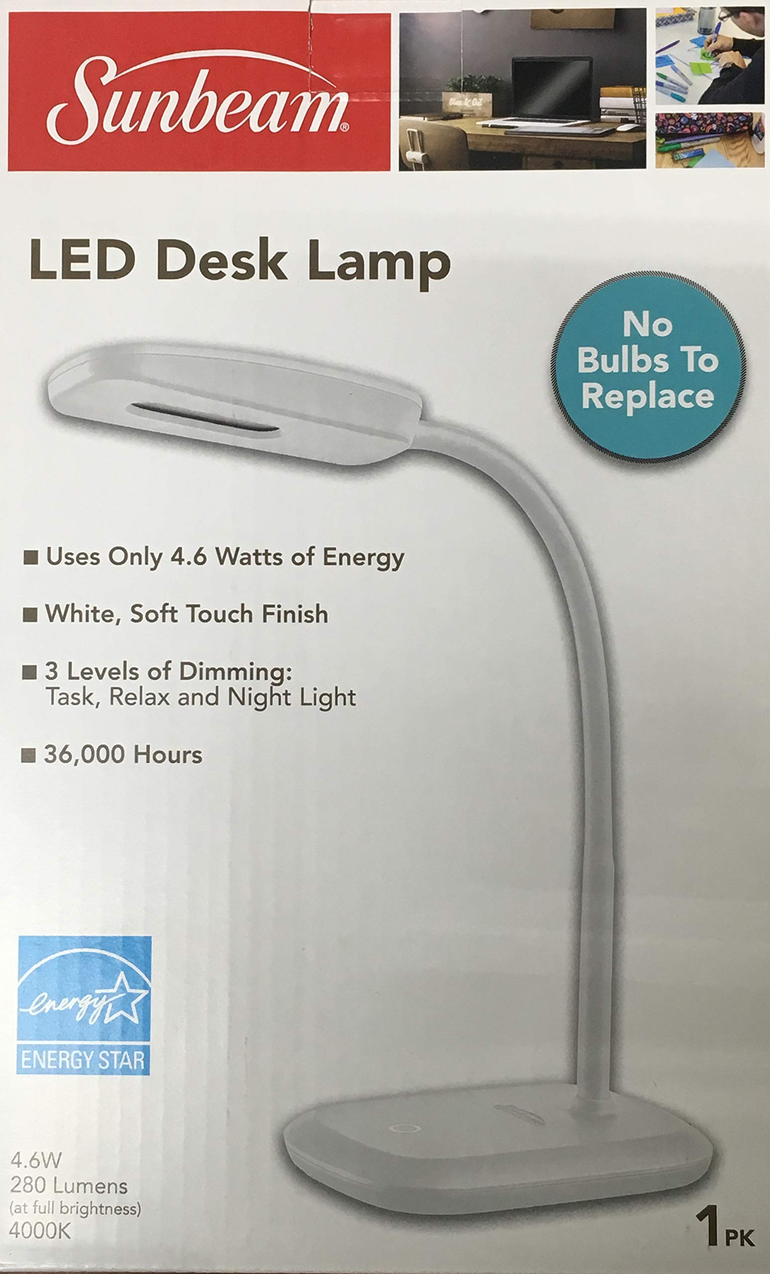 New SUNBEAM Flexible Neck LED Desk LAMP Adjustable Light Energy Star (White)