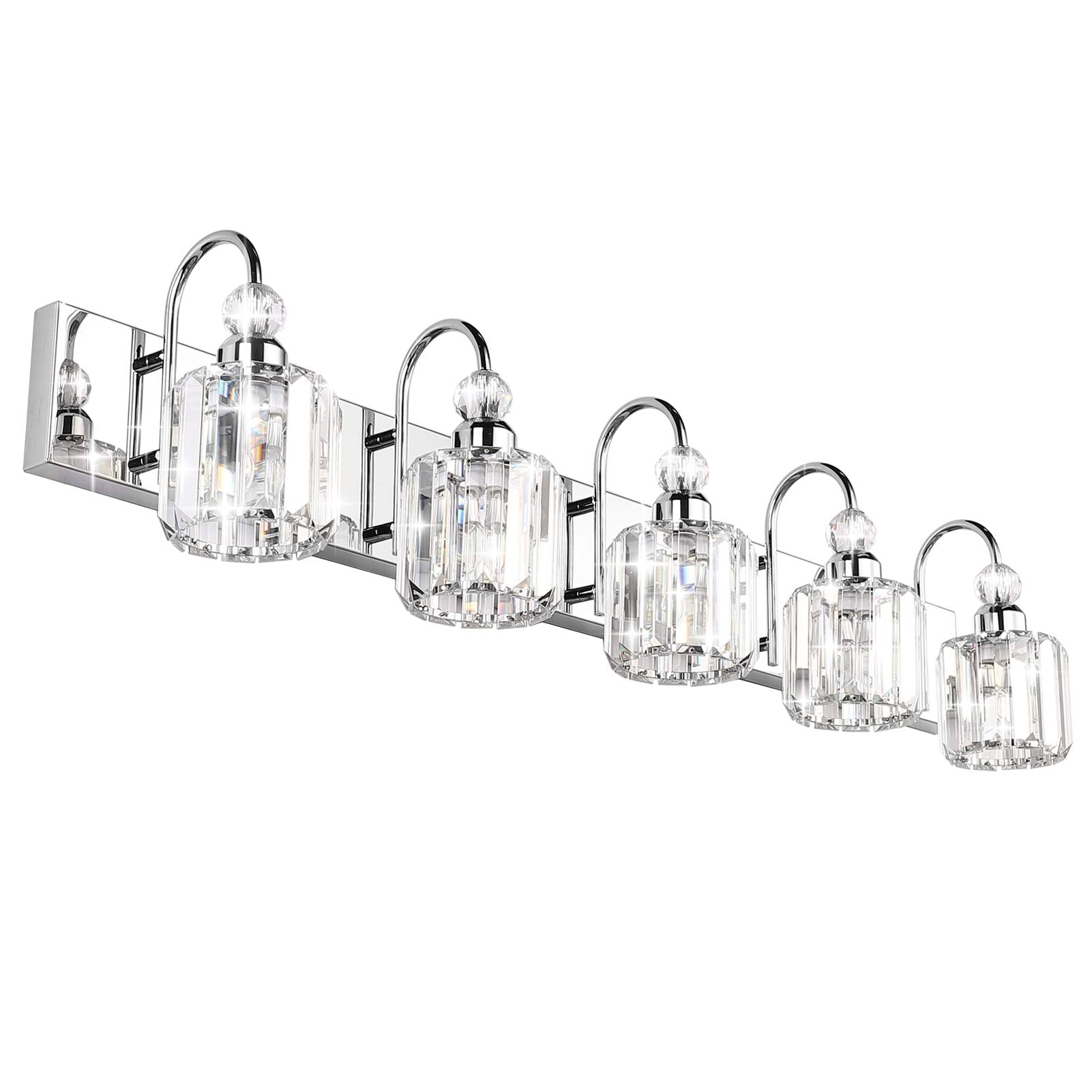 Ralbay 5-Light Modern Led Crystal Bathroom Vanity Lights, Stainless Steel Over Mirror Fixture, Round-Chrome Finish, Model 8600