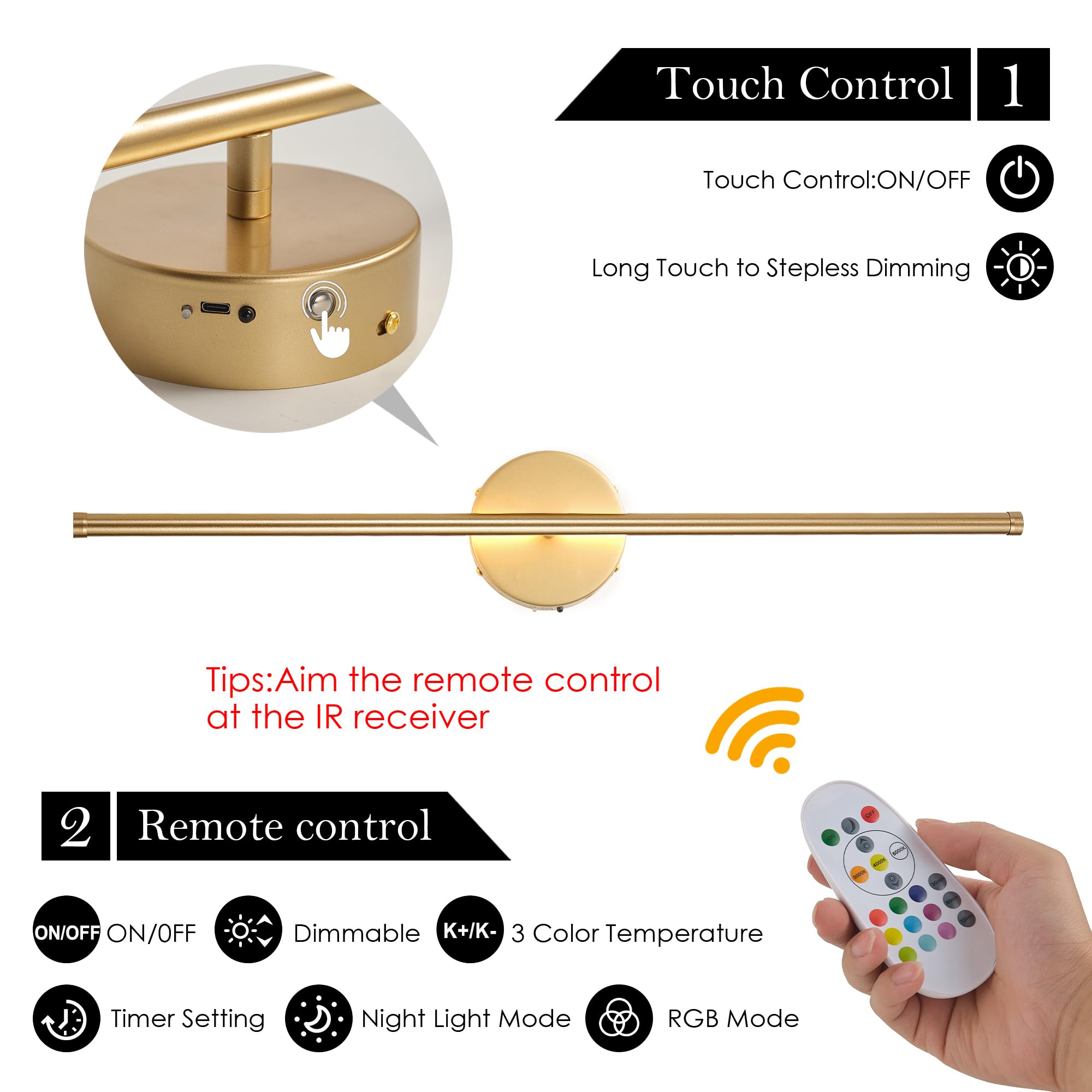 KARTOOSH Battery Operated Wall Sconces Set of Two, Dimmable LED, 28.3 Inch, Gold (RGB Colors), Model ZM317BGDR70