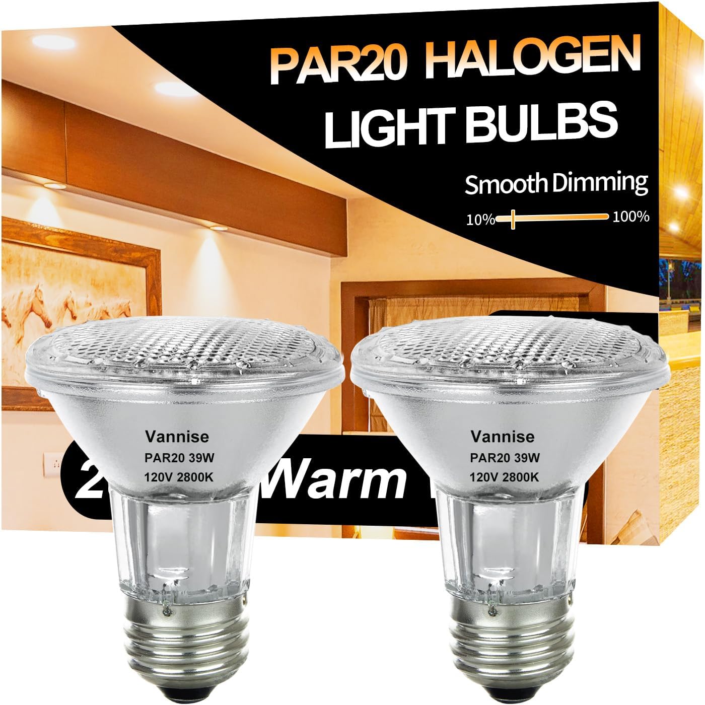 Vannise Par20 39W Halogen Flood Light Bulbs 2Pcs, 39W 120V 480 Lumens, E26 Medium Base, 2700K Warm White Dimmable For Indoor Spo