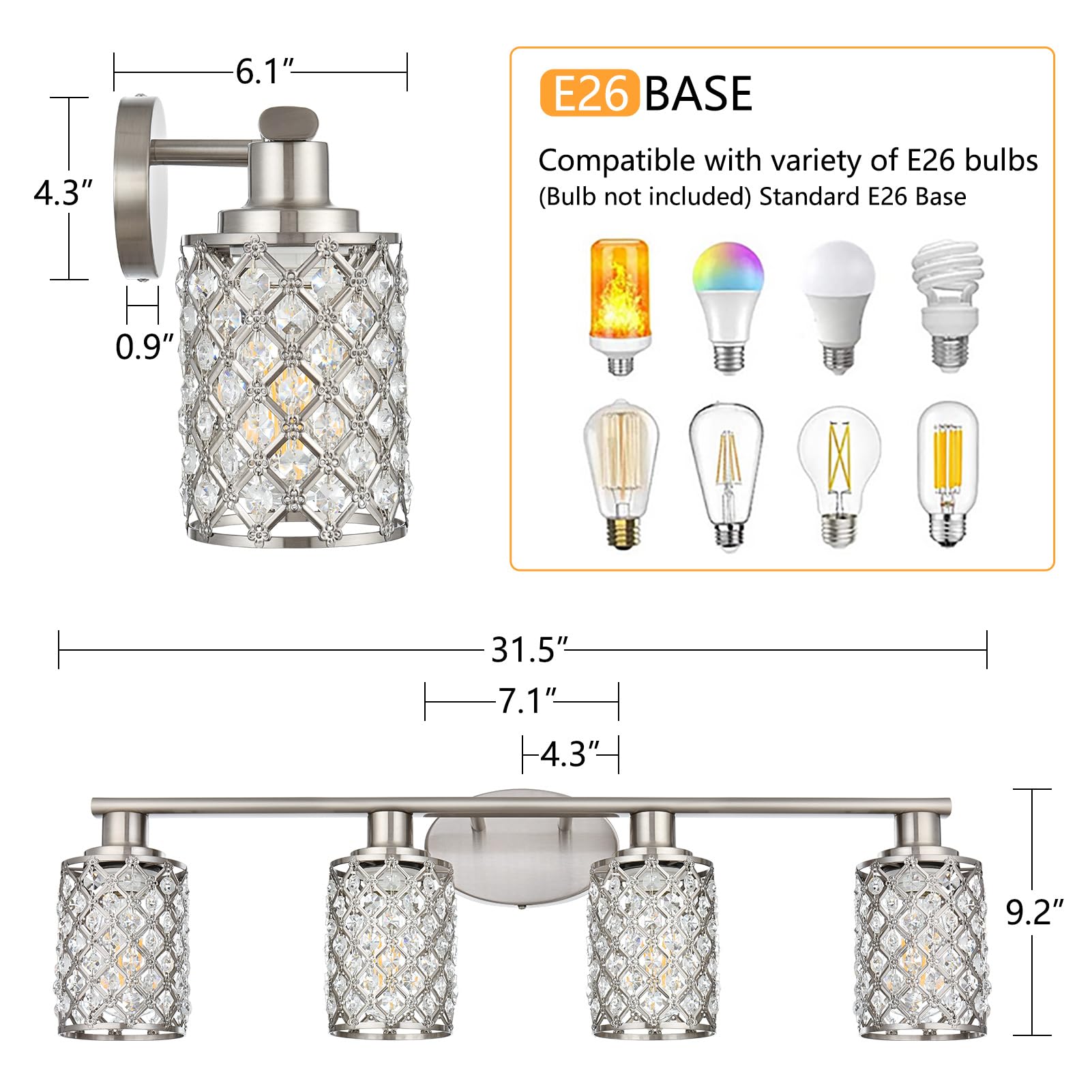 4 Light Bathroom Light Fixtures, Modern Farmhouse Vanity Light,Brushed Nickel Bathroom Lights Over Mirror,Crystal Vanity Lighting Fixtures For Bathroom,Powder Room