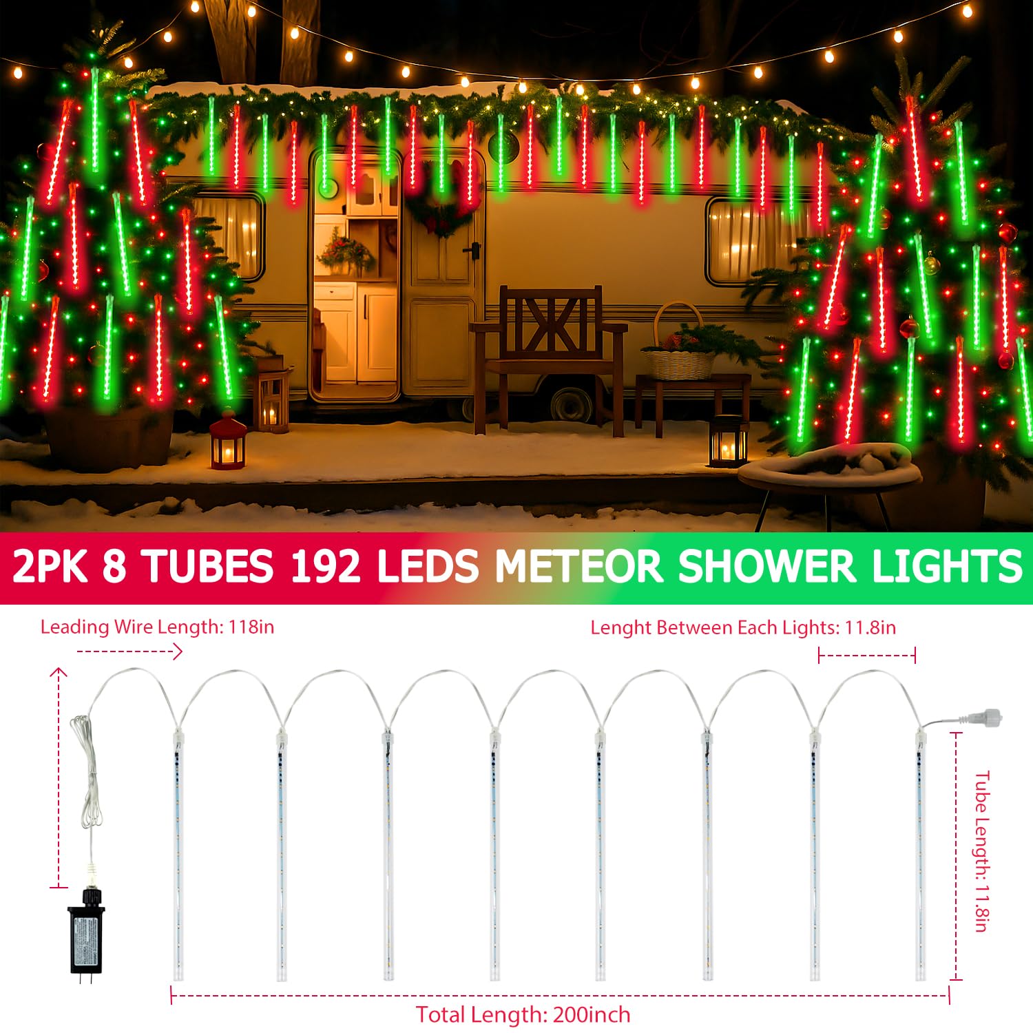 2-Pack Extendable Meteor Shower Christmas Lights Outdoor  16 Tubes 384 Leds Waterproof Falling Rain String Lights  Christmas String Lights Outdoor For Tree Garden Holiday Decorations (Red And Green)