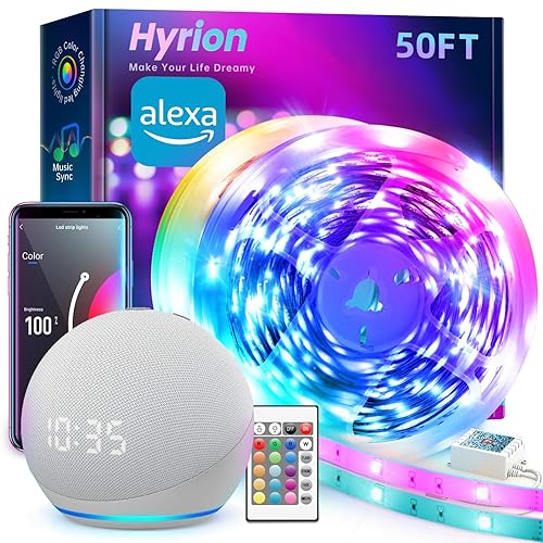 hyrion Smart LED Light Strips,50 ft WiFi LED Light,Sound Activated Color Changing with Alexa and Google,Sync Music with Led Stri