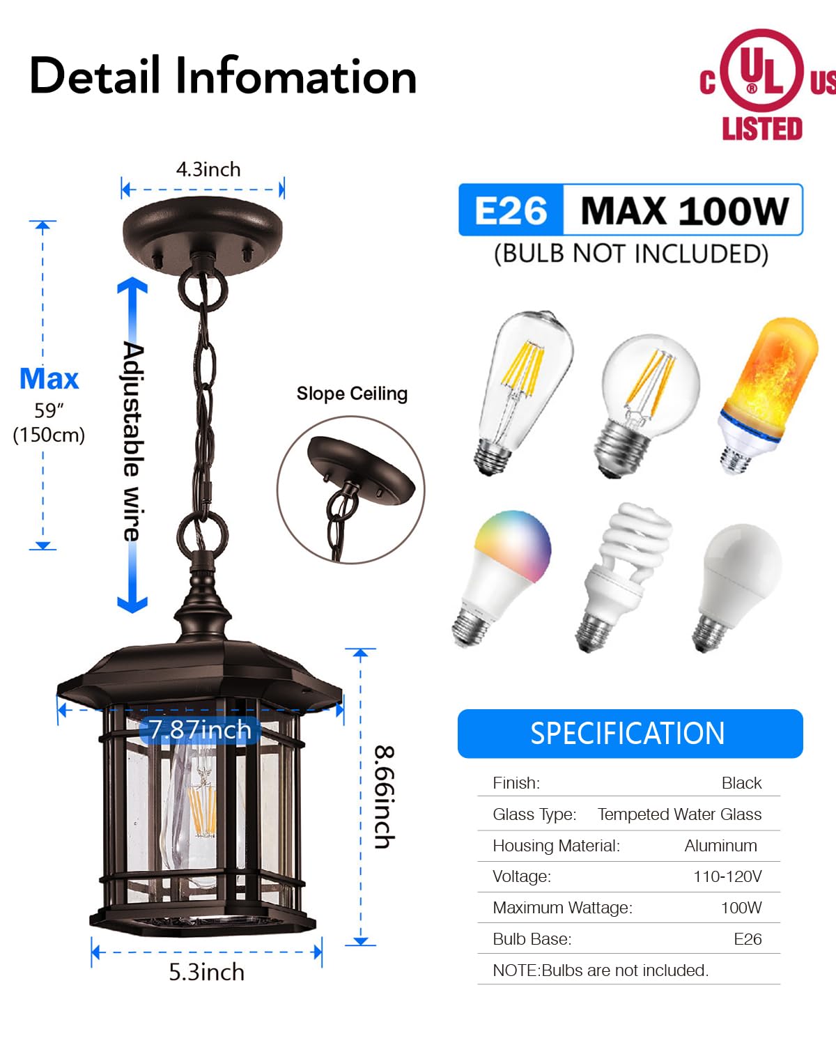 VIANIS Outdoor Pendant Light, Oil-Rubbed Bronze, Waterproof Aluminum Chandelier, Standard Size, Model V83081_BR