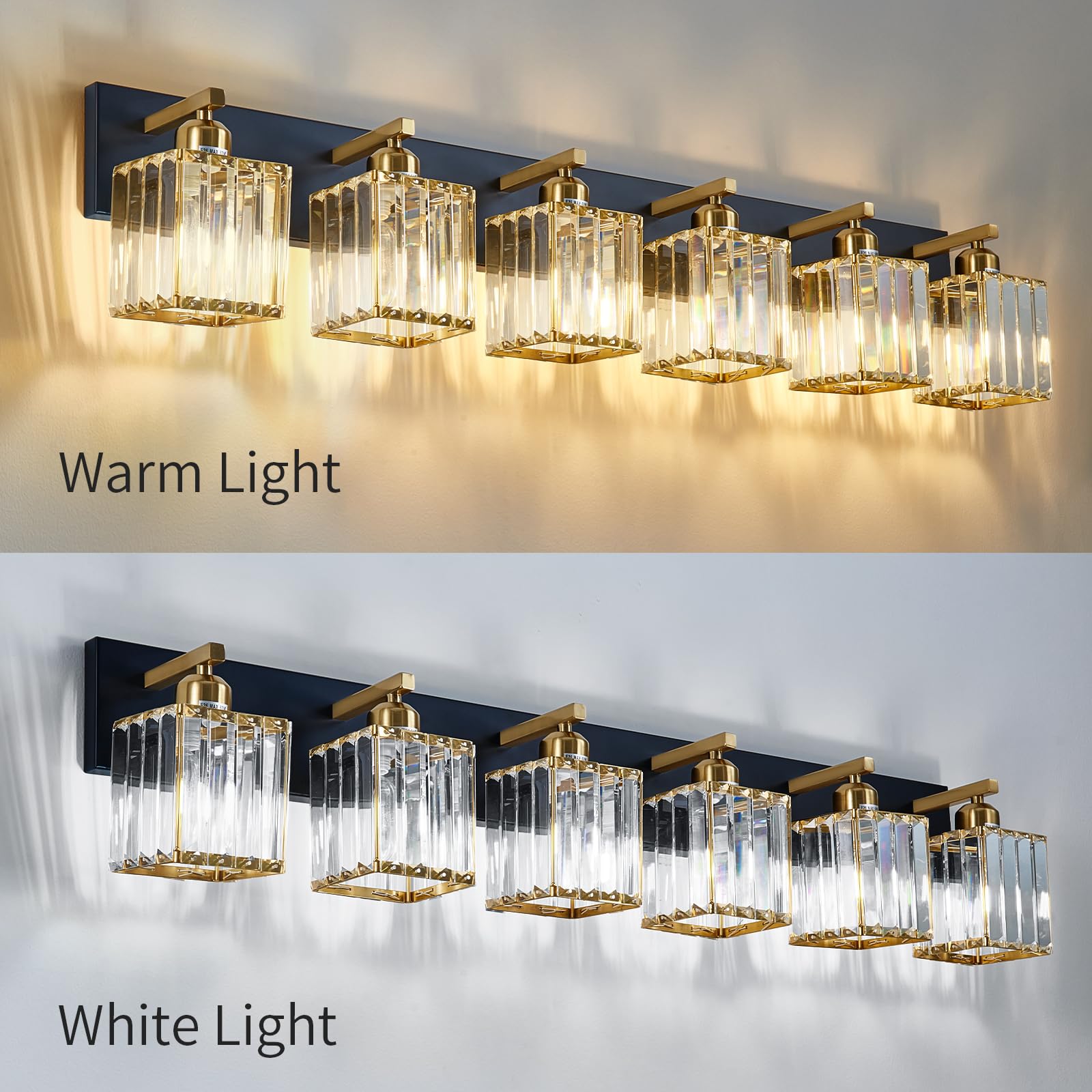 Aixialin 6-Light Modern Crystal Bathroom Vanity Light, Black Gold Iron, Model 600-100-1018