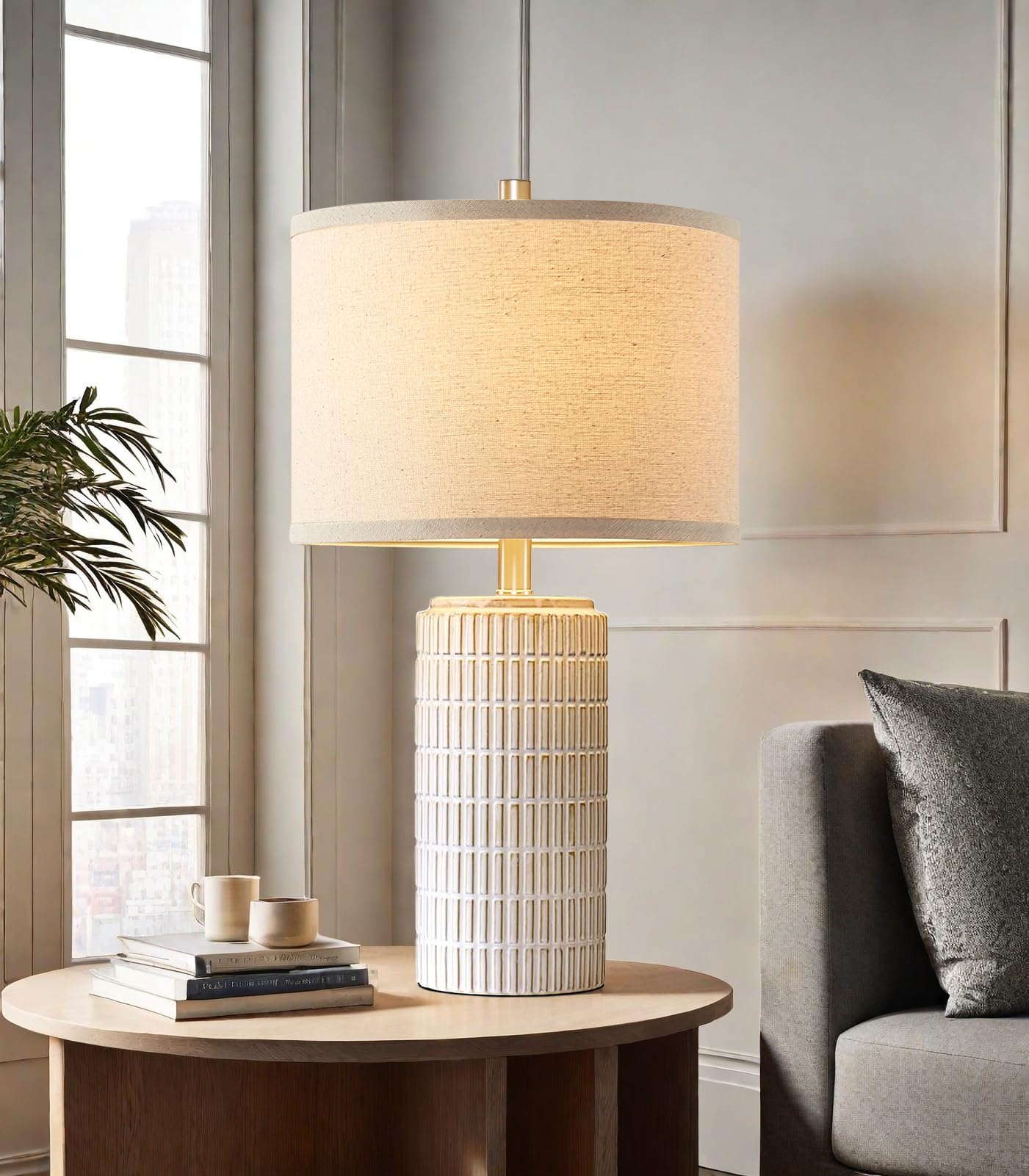 Aieampdo 23'' Set Of 2 Modern Ceramic Table Lamps For Living Room Bedroom, Nightstand Farmhouse Beige White Desk Lamp For Bedsid