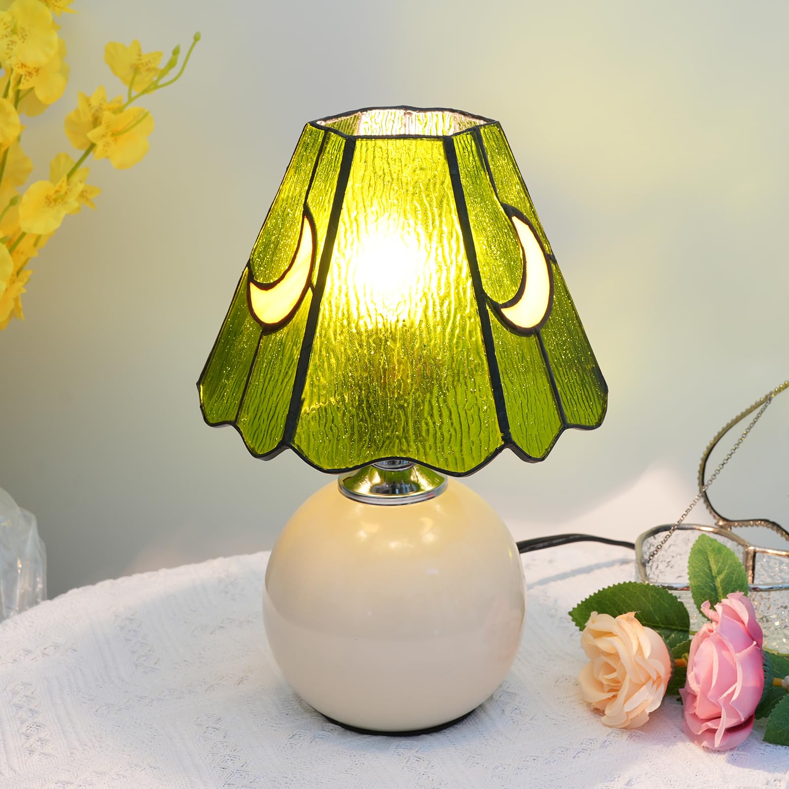 Kiphepi Mushroom Lamp-Small Bedside Table Lamp With Moon Glass, Nightstand Lamp For Bedroom, Living Room, Cafe, Bulb Included, Home Decor For Girls Women Birthday Christmas Thanksgiving Day, Green