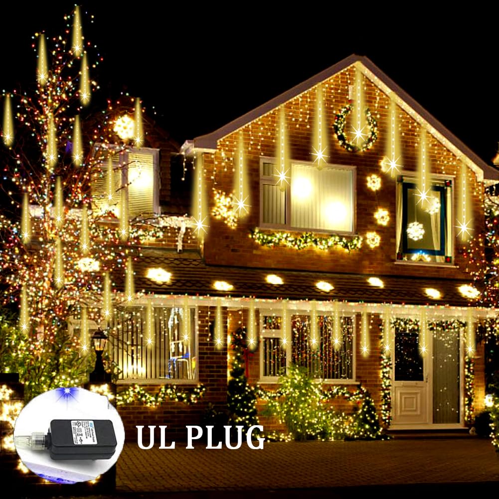 Weepong Christmas Lights Outdoor, 12 Warm White Meteor Shower, 192 Led Cascading Icicle String Lights For Holiday Decor, Model Wep-Frl-Ww