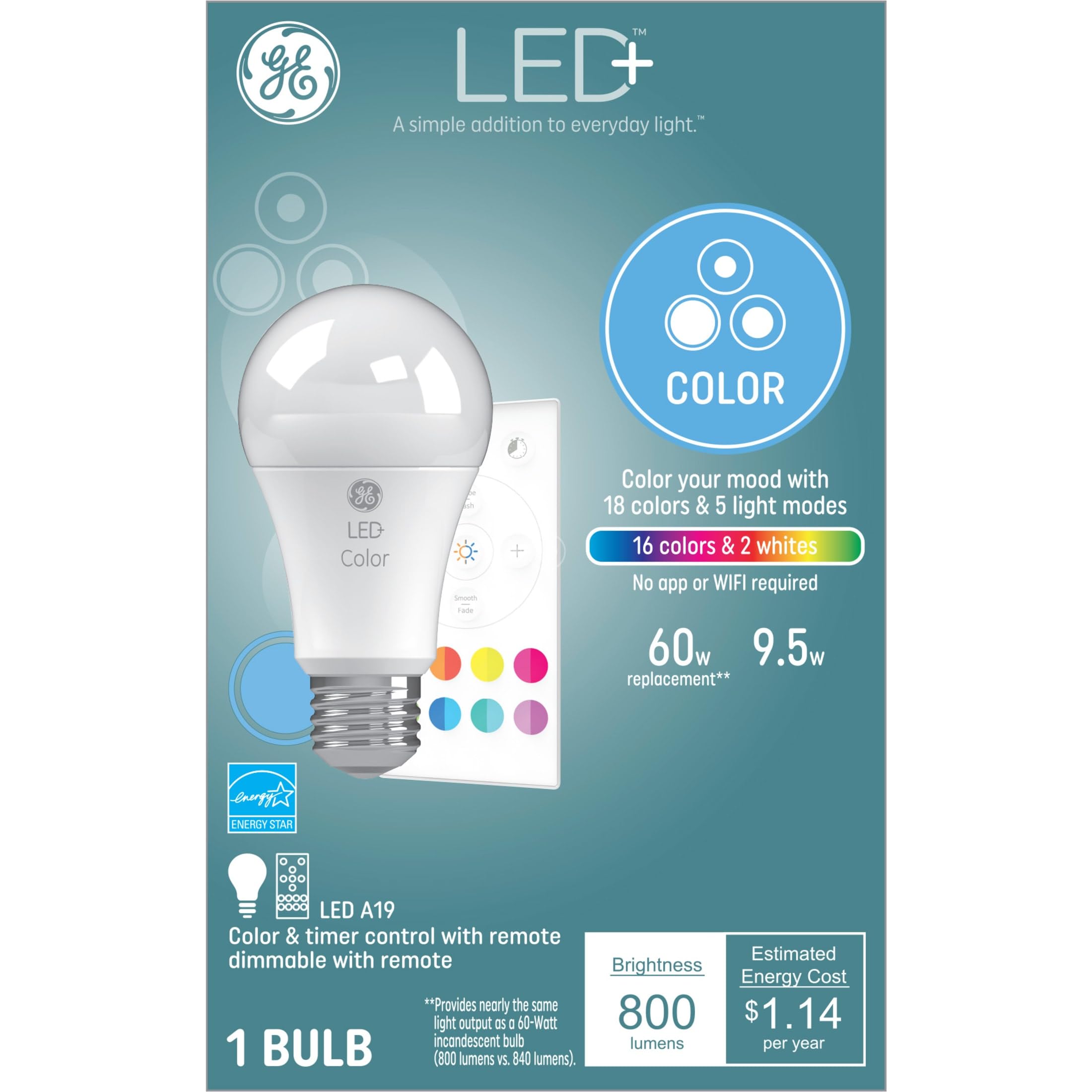 GE LED+ Color Changing LED Light Bulbs with Remote, 9.5W, No App or Wi-Fi Required, A19 (1 Pack)