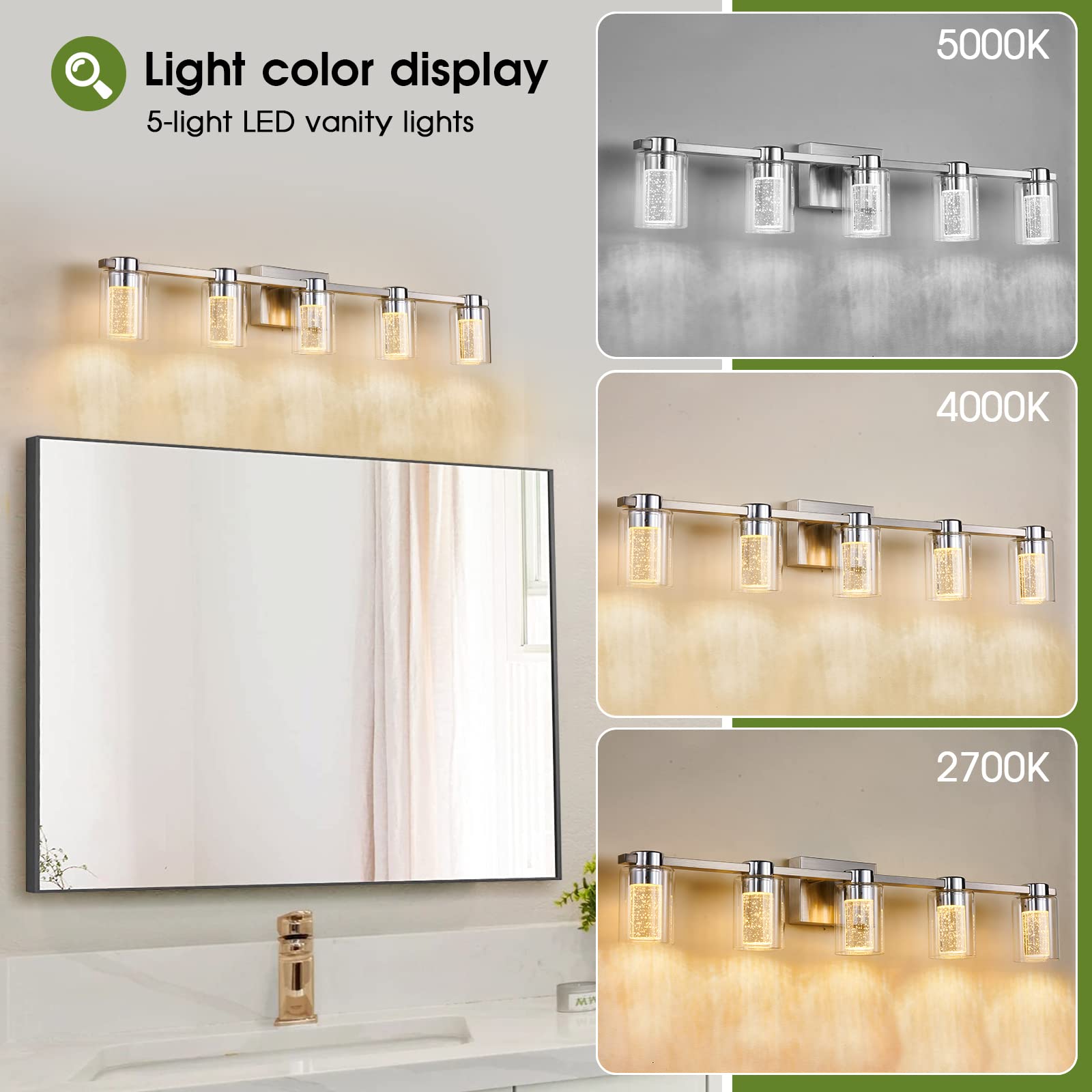 Zhizenl 5-Light Bathroom Light Fixtures, Brushed Nickel Vanity Lights, Dimmable LED Bathroom Vanity Light Over Mirror, Modern Cr
