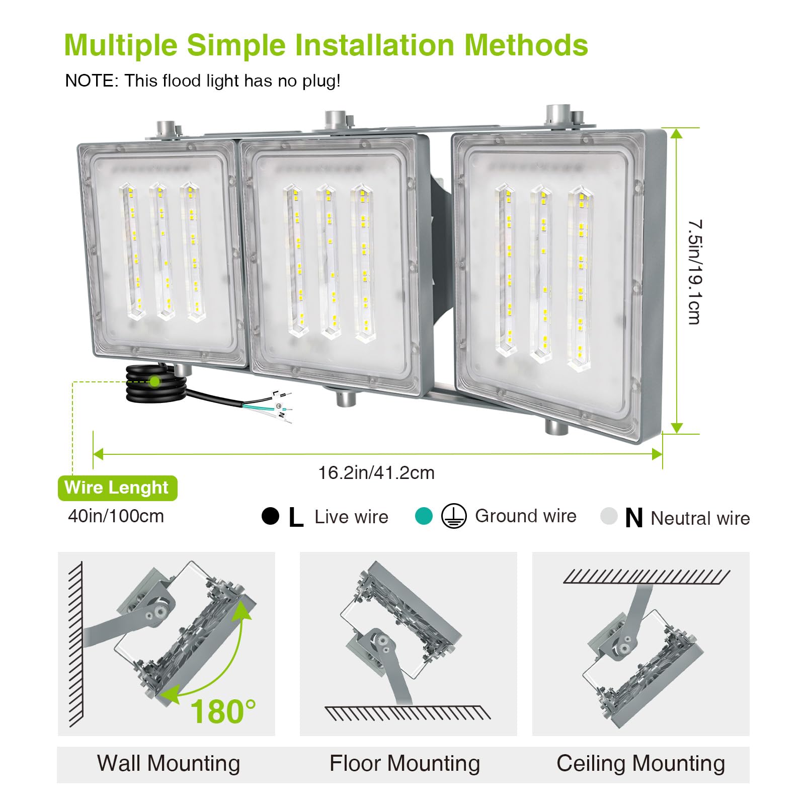 STASUN LED Flood Light 150W 15000LM 6000K IP66 Waterproof Adjustable Gray US18-20166