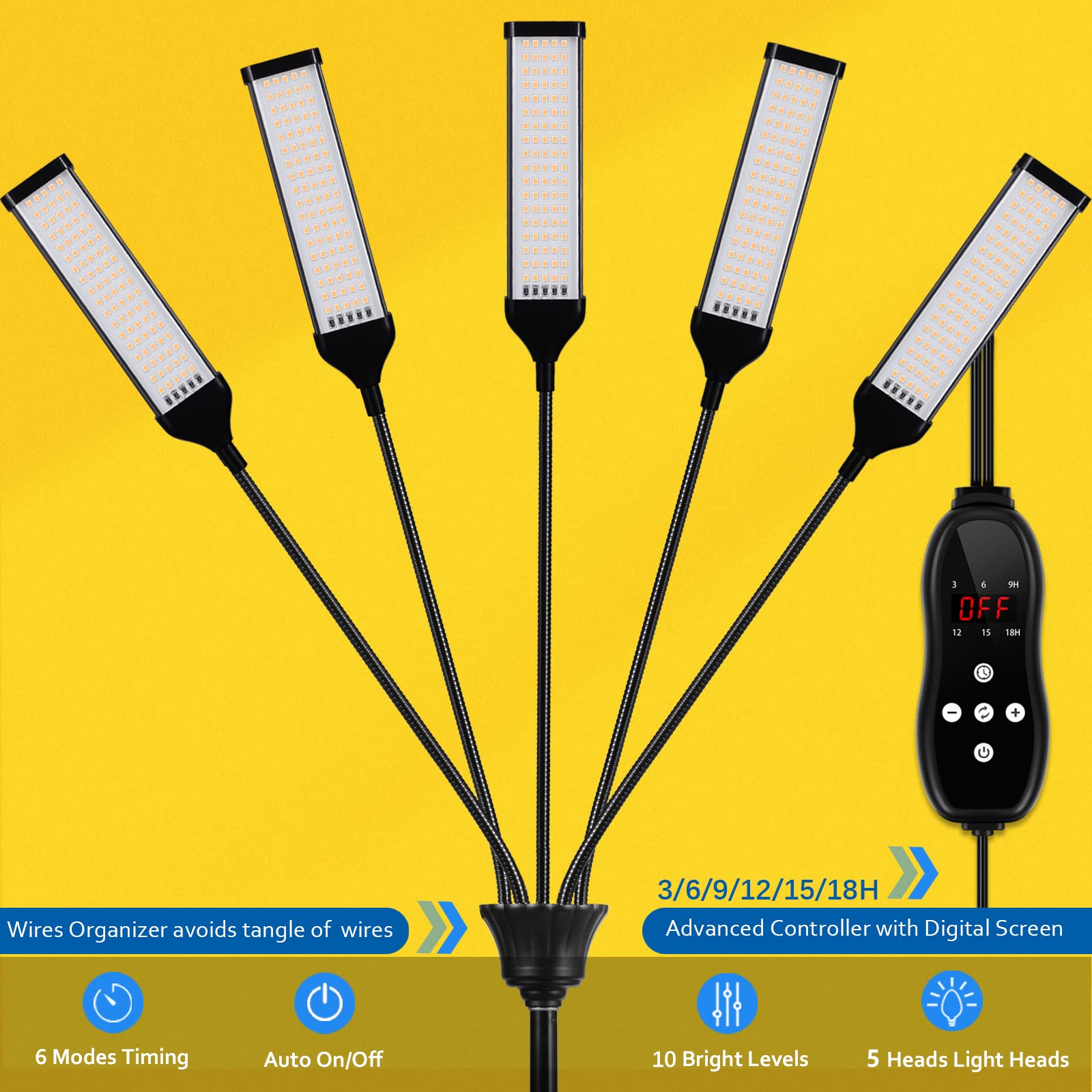 Grow Lights For Indoor Plants, Aukphie Full Spectrum Led Grow Light With Stand, Auto On/Off Timing 3/6/9/12/15/18H & 10 Brightness Levels, Plant Light For Indoor Plants With 450 Leds. (5 Light Heads)