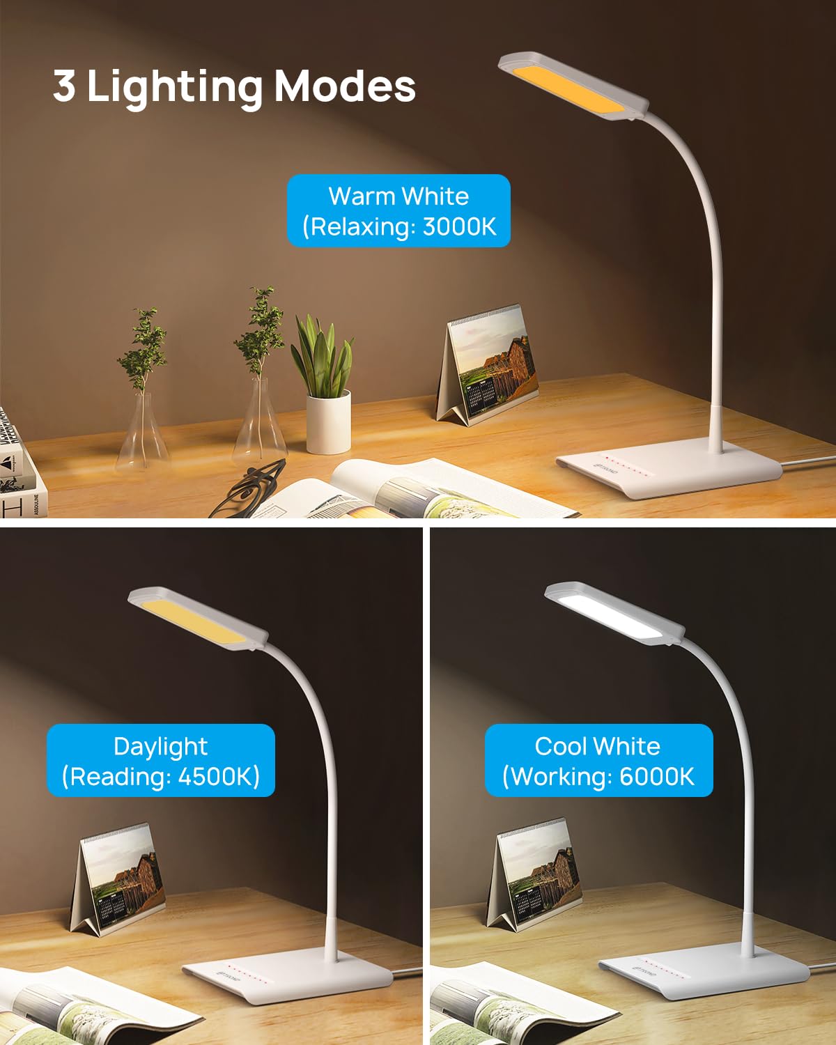Trond Desk Lamp, Bright Dimmable Eye-Caring Table Lamp, 3 Color Modes 7 Brightness Levels, Flexible Gooseneck, Touch Control, Me