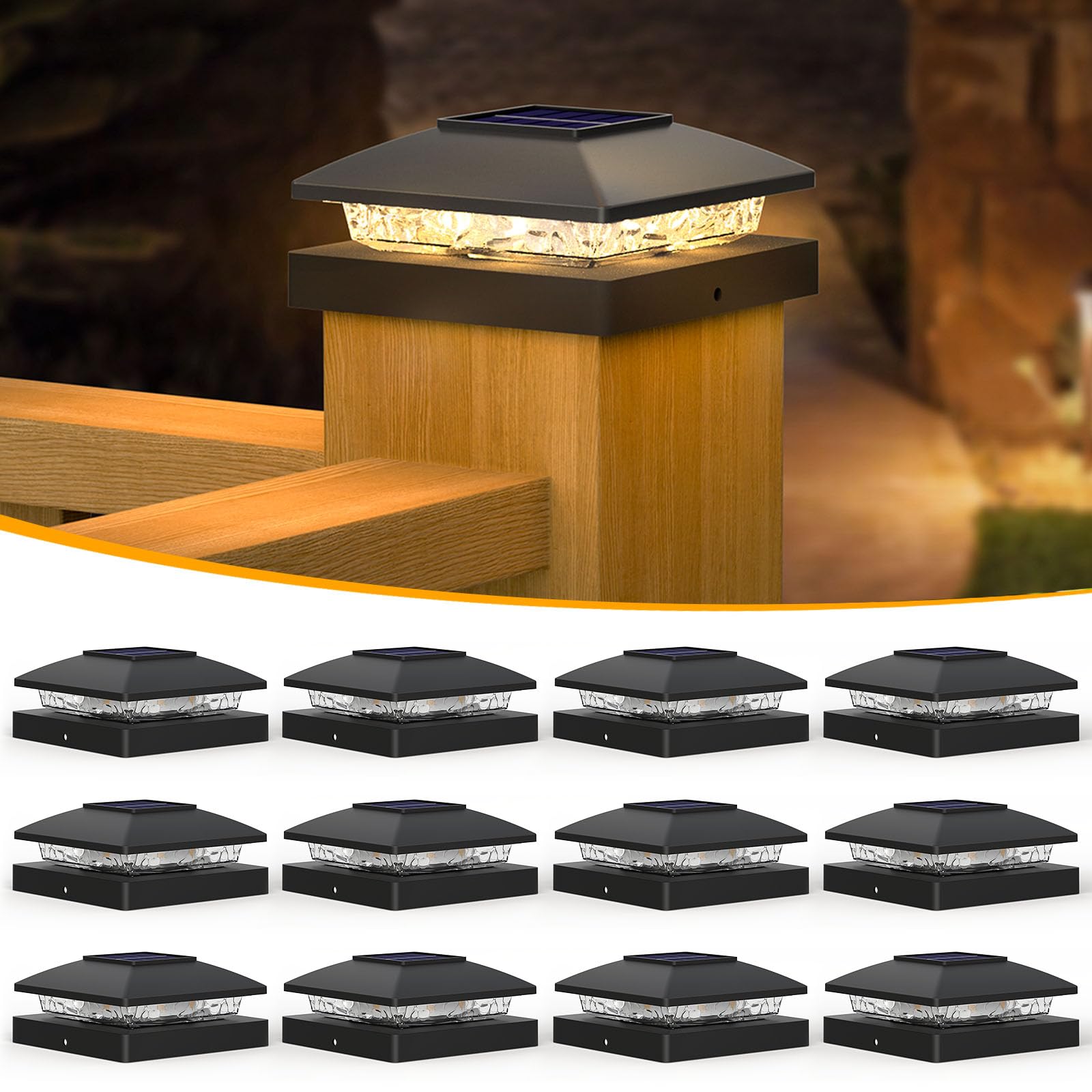 APONUO Solar Post Cap Lights for 4x4 Wood & Vinyl Posts, Waterproof Outdoor 4x4 Post Solar Lights with Warm White LED, Auto On/O