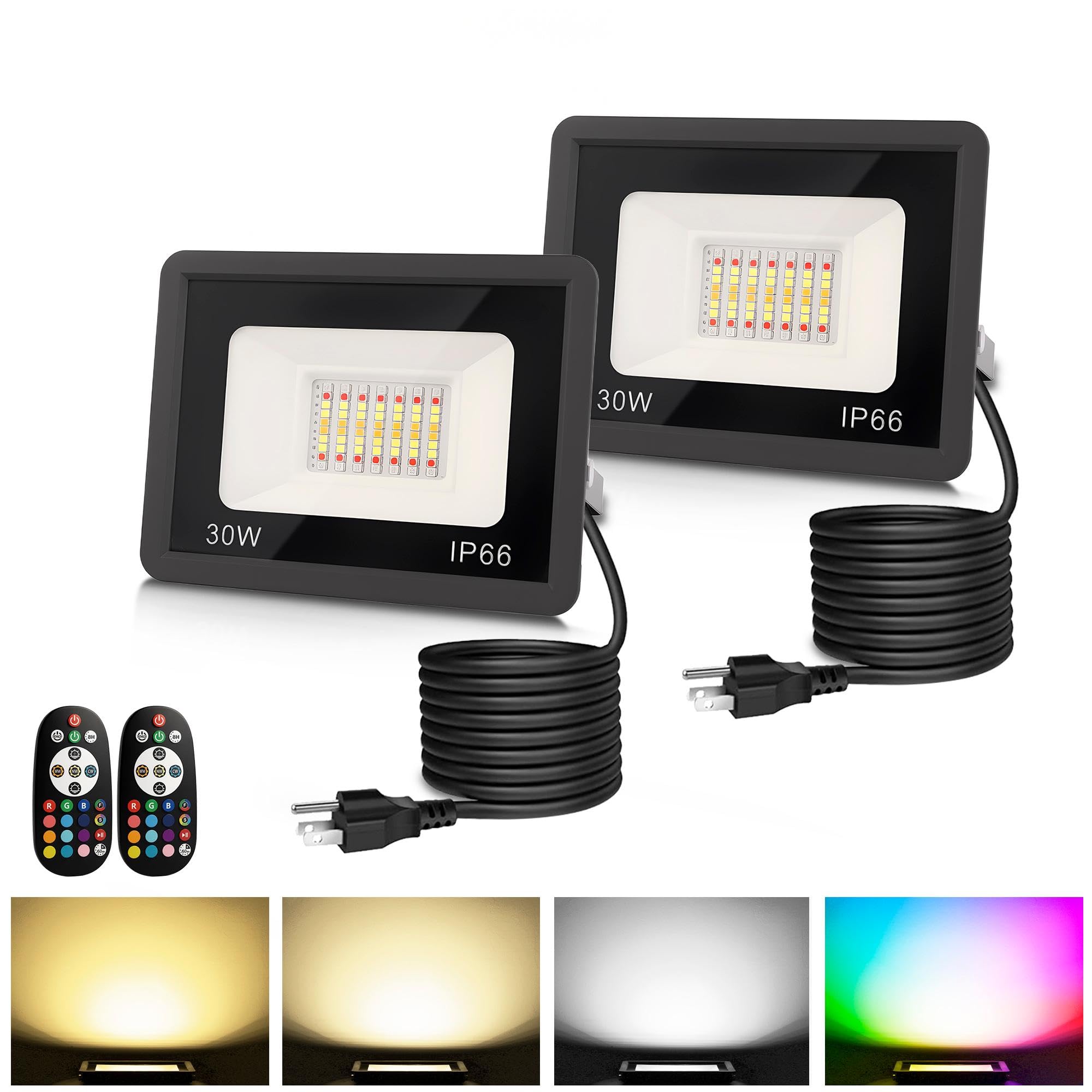 L Lohas Led 30W Flood Light Outdoor  Rgb Landscape Lighting With Remote Control  Timing - 2700K/4500K/6500K - Color Changing For Patio Backyard Step Wall  Ip66  Us 3-Plug  Ul Listed (2 Pack)