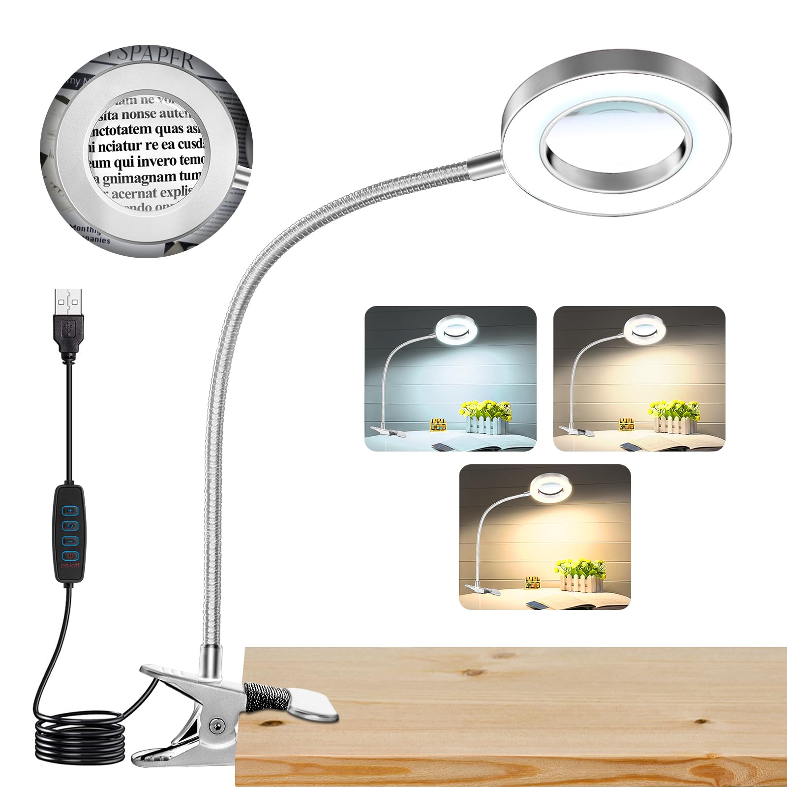 Nzqxjxz 10X Magnifying Glass With Light, Clip On Mganifier With Light, 48 Led Desk Lmap Magnifying Glass Wtih Clamp, 3 Modes Dim