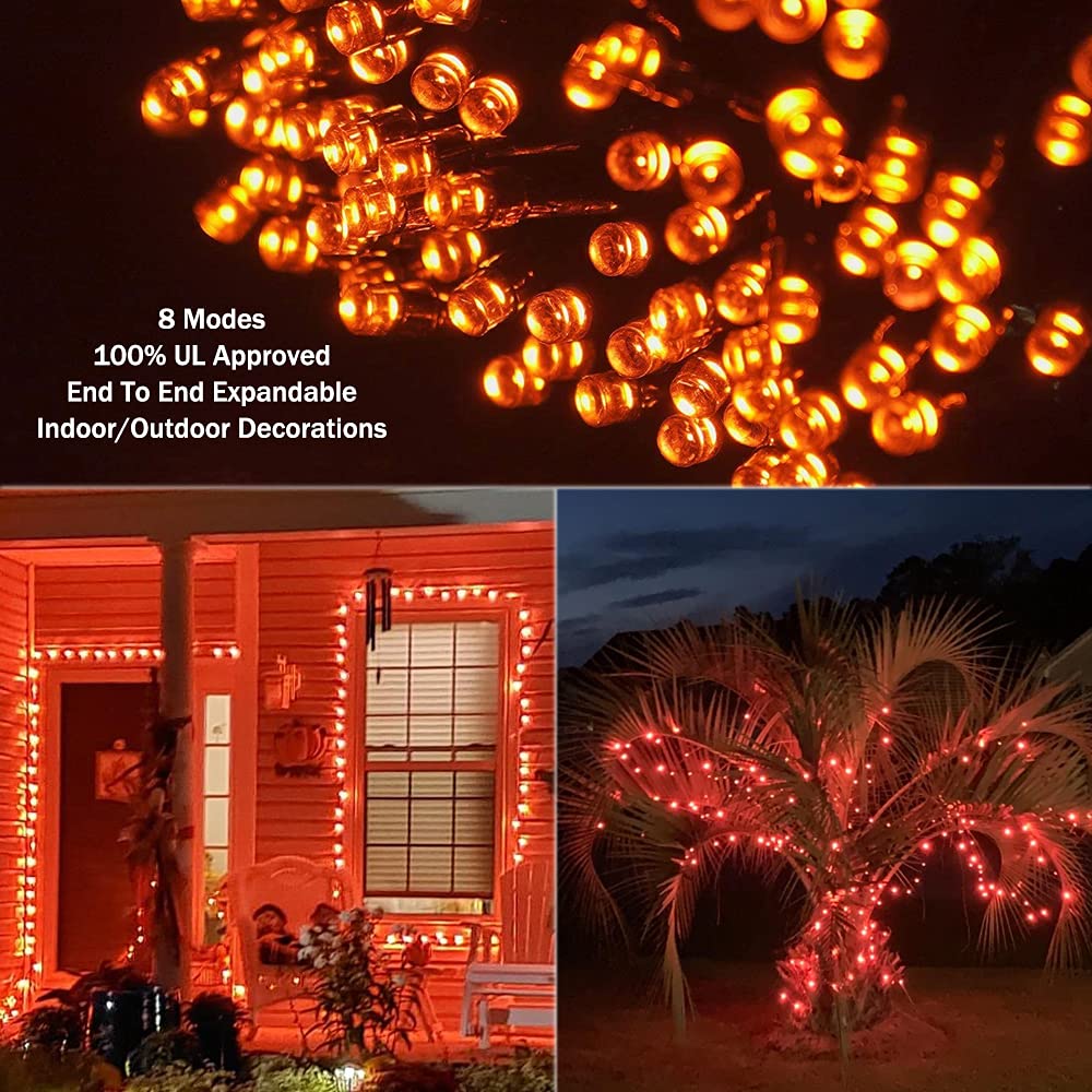Halloween Indoor String Lights Orange - 220 Leds 82Ft/25M Memory Function 8 Modes End-To-End Plug In Outdoor Waterproof Fairy Twinkle Tree Fall Lights For Autumn/Thanksgiving Day/All Saints Day/Yard