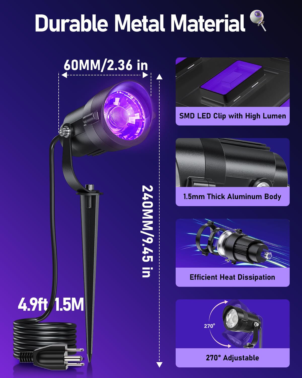 Hiboitec Halloween Black Light Spotlight Outdoor 12W Ip65 Waterproof Led Spot Lights Landscape Lighting With 4.9Ft Us Plug For Glow Party Body discomfort-reducingt Yard Garden Decorations 1Pack