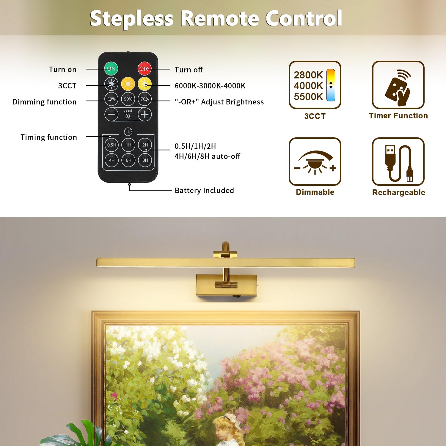 DESOOP Wireless Picture Lights, 23.62" Brass Art Lighting, Battery Operated, Dimmable with Remote, Acrylic, Model 9862