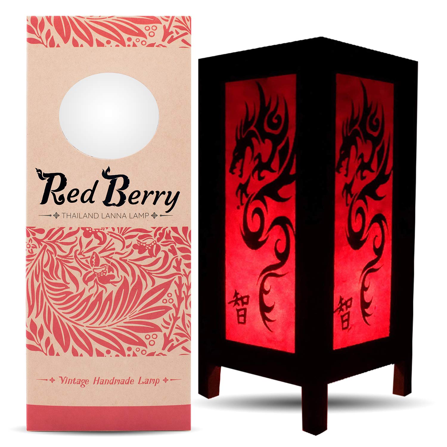 Red Berry Thailand Lanna Lamp Black Dragon Lamp - Handmade Thai Vintage Chinese Lamp, Asian Oriental Wood Table Lamp Or Floor Lamp For Bedroom, Garden, Modern Décor Vsxg