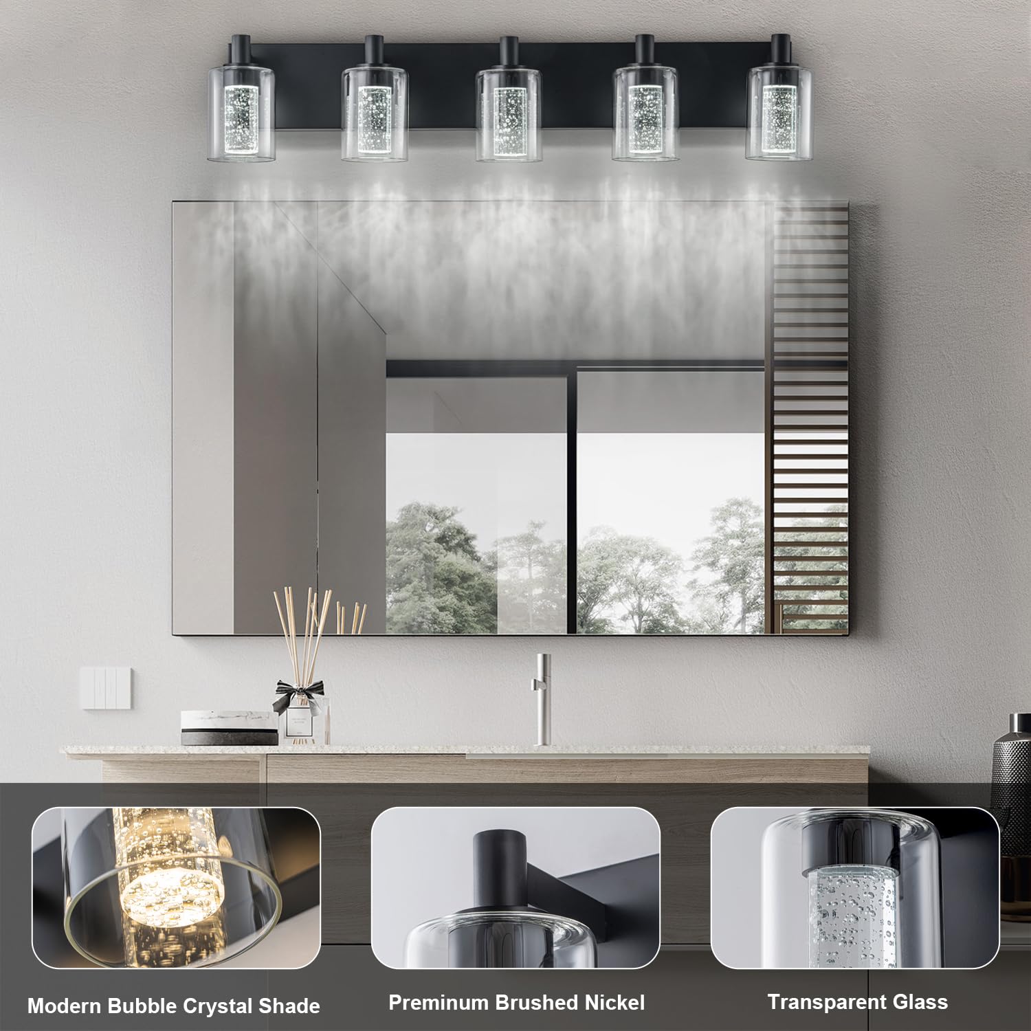SineRise Vanity Light Fixture, 5-Light Dimmable LED, 3 Color Modes, Eye Protection, Black, Model S0028