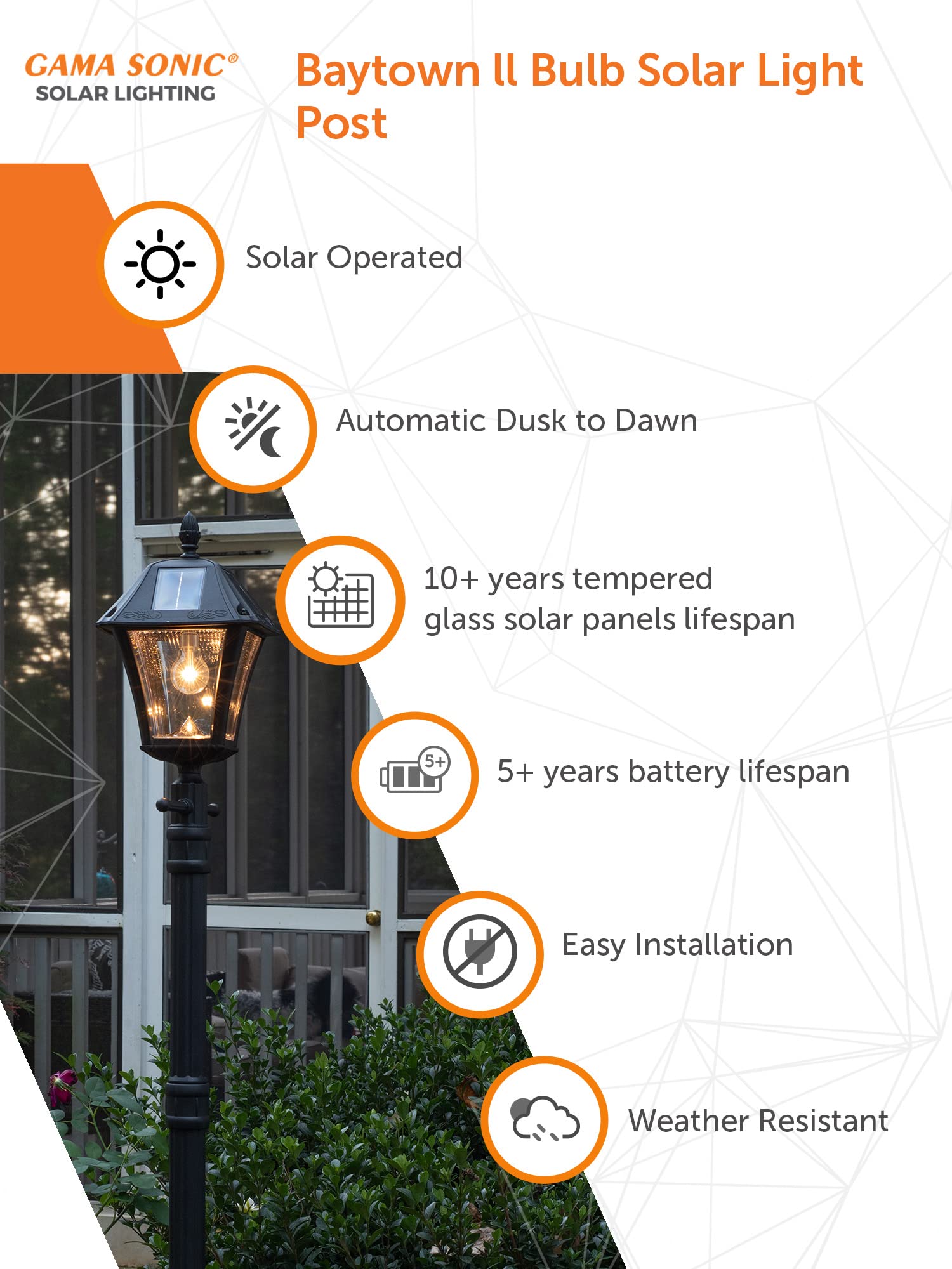 Gama Sonic Baytown II Solar Lamp Post Light Kit, 77-inch, Black Resin, Warm White 2700K, Model GS-105B-SG, 1 Count