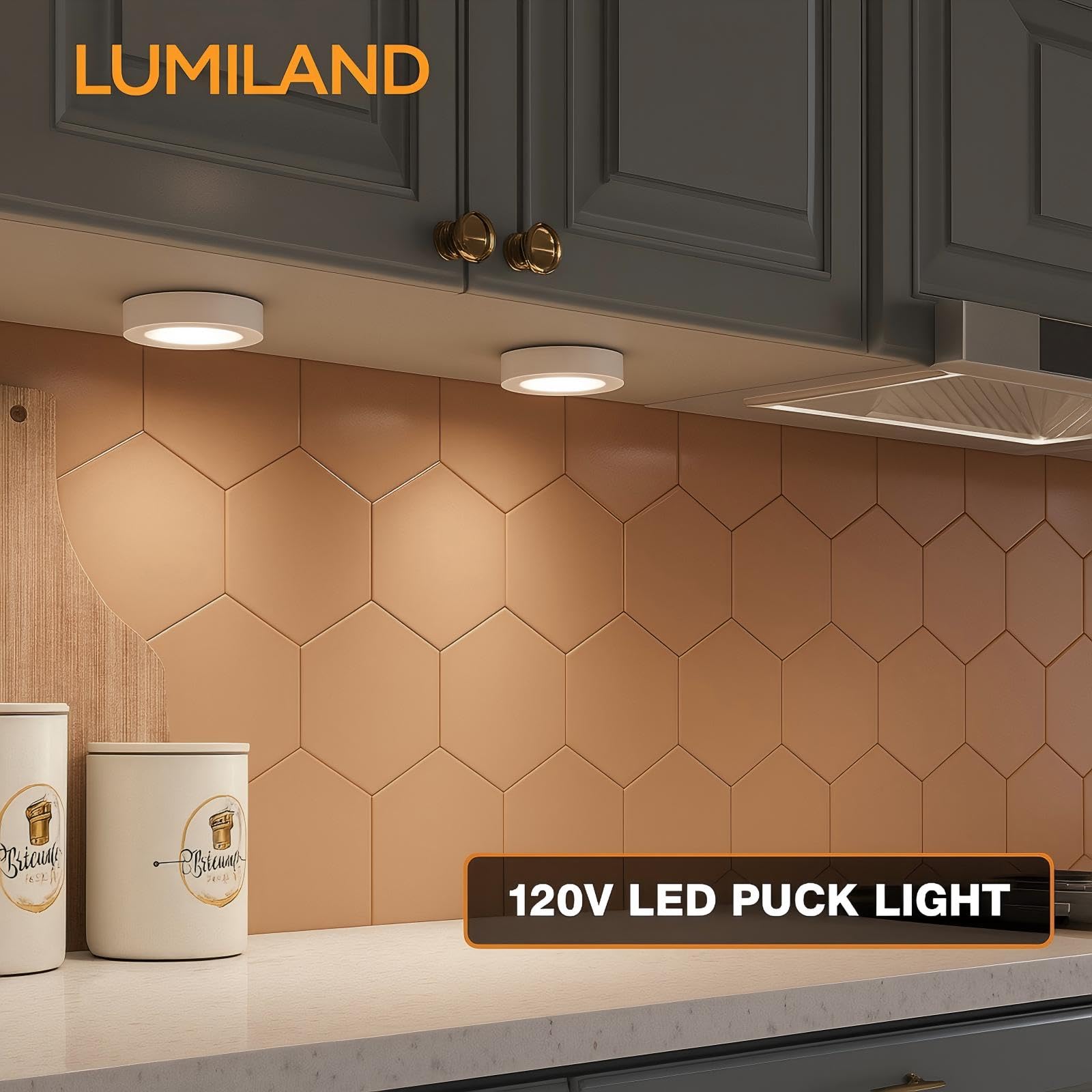 LUMILAND Wired LED Puck Lights, 4000K Natural White, Plug-in Cabinet Lighting, Surface/Recess Mount, Model 20840B-WT-NW-S3, White